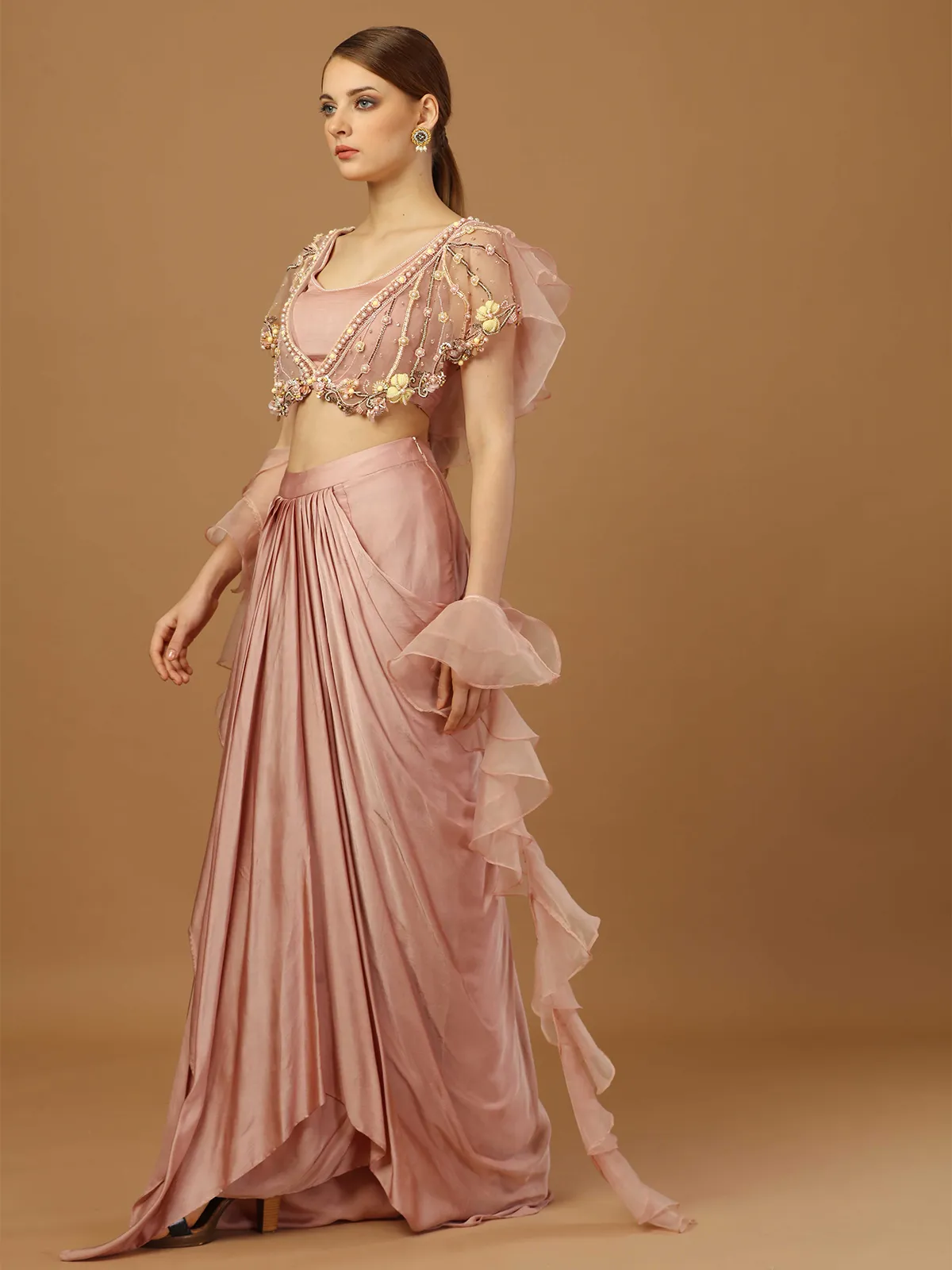 Light pink drape skirt with double layered choli