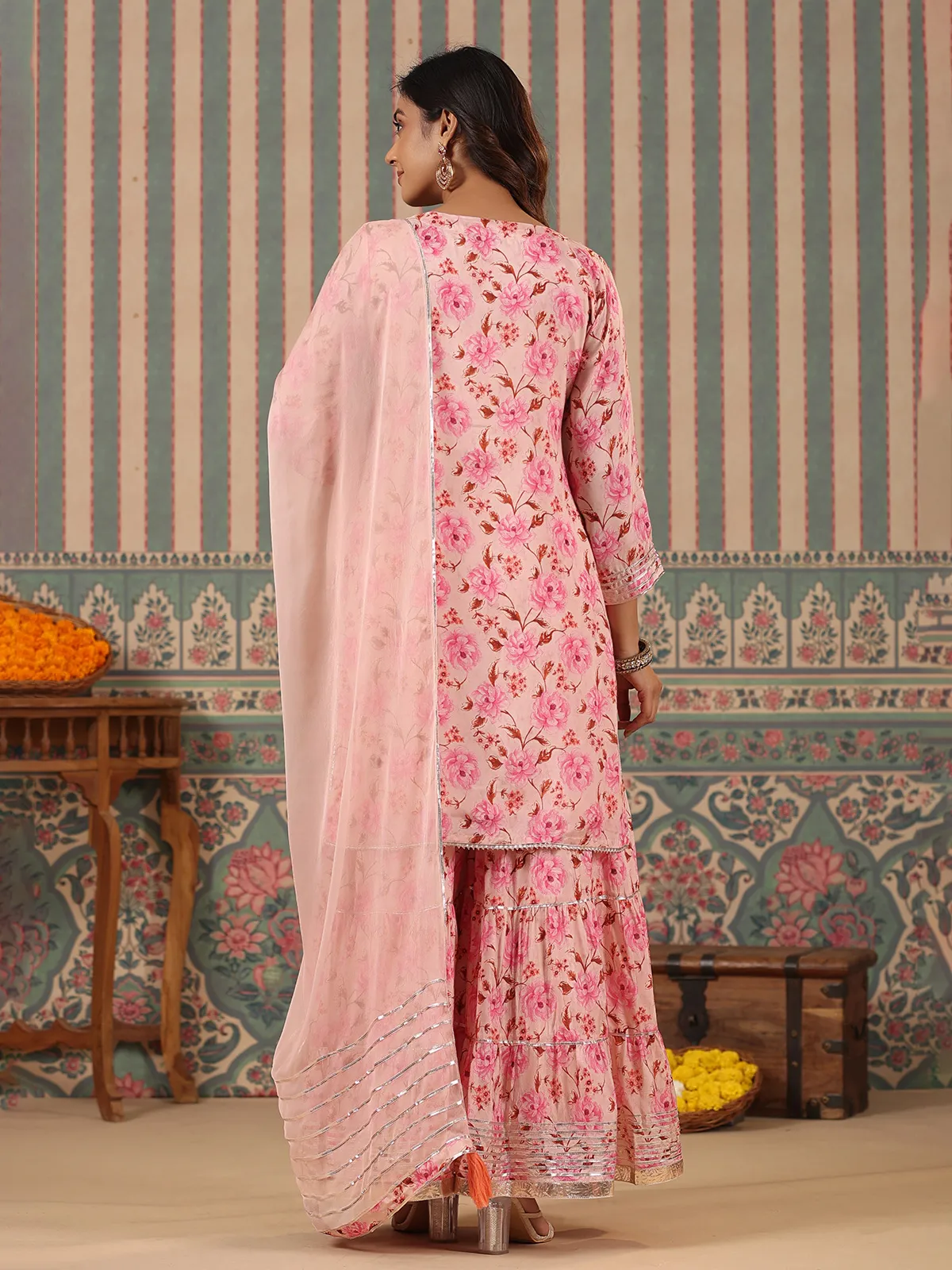 Light pink floral printed sharara suit