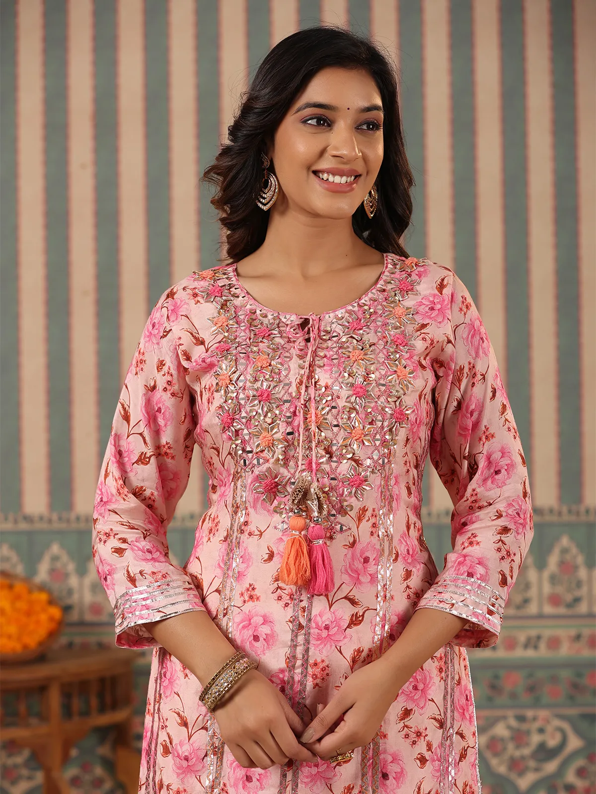 Light pink floral printed sharara suit