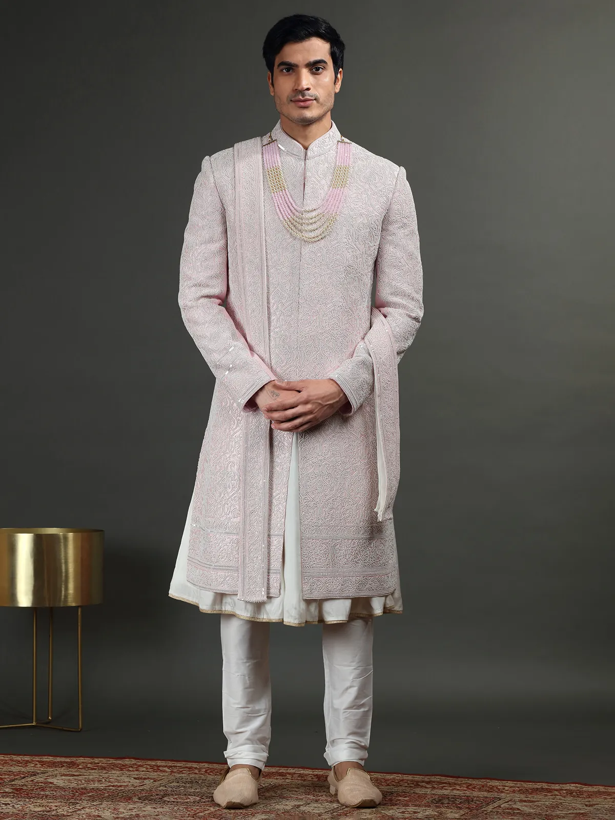 Light pink groom sherwani in raw silk