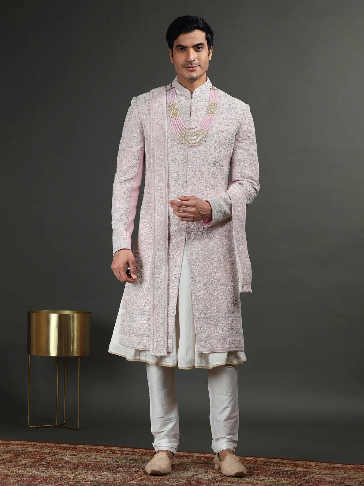 Light pink groom sherwani in raw silk