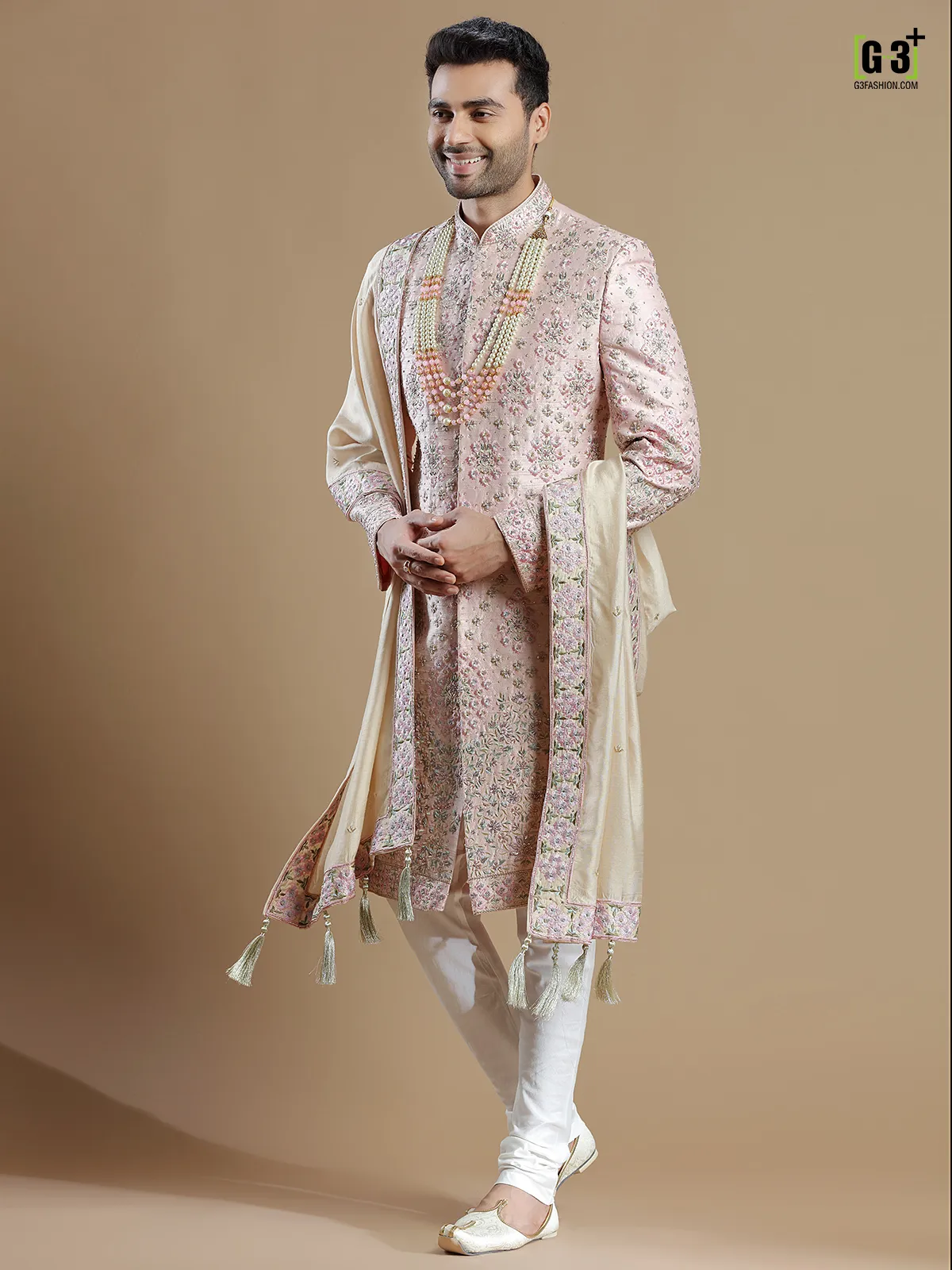 Light pink groom wear sherwani in raw silk