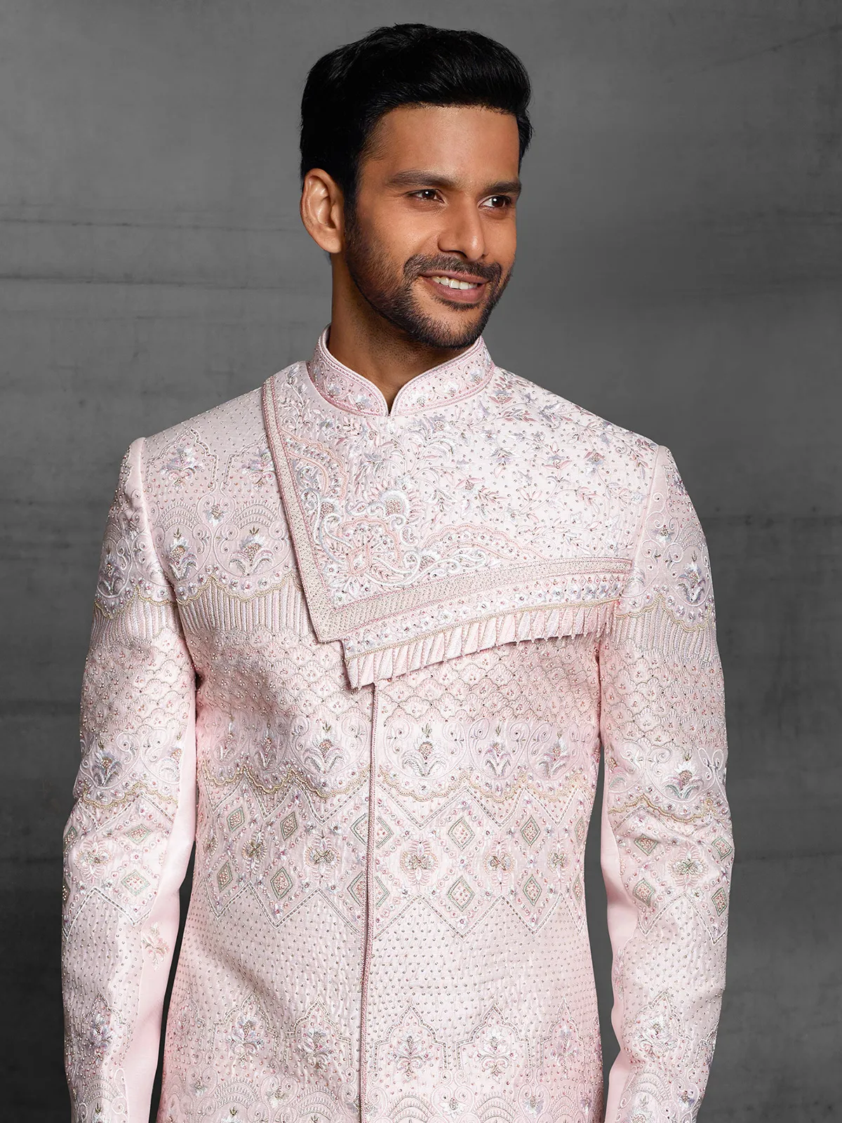 Light pink hue silk fabric wedding wear sherwani
