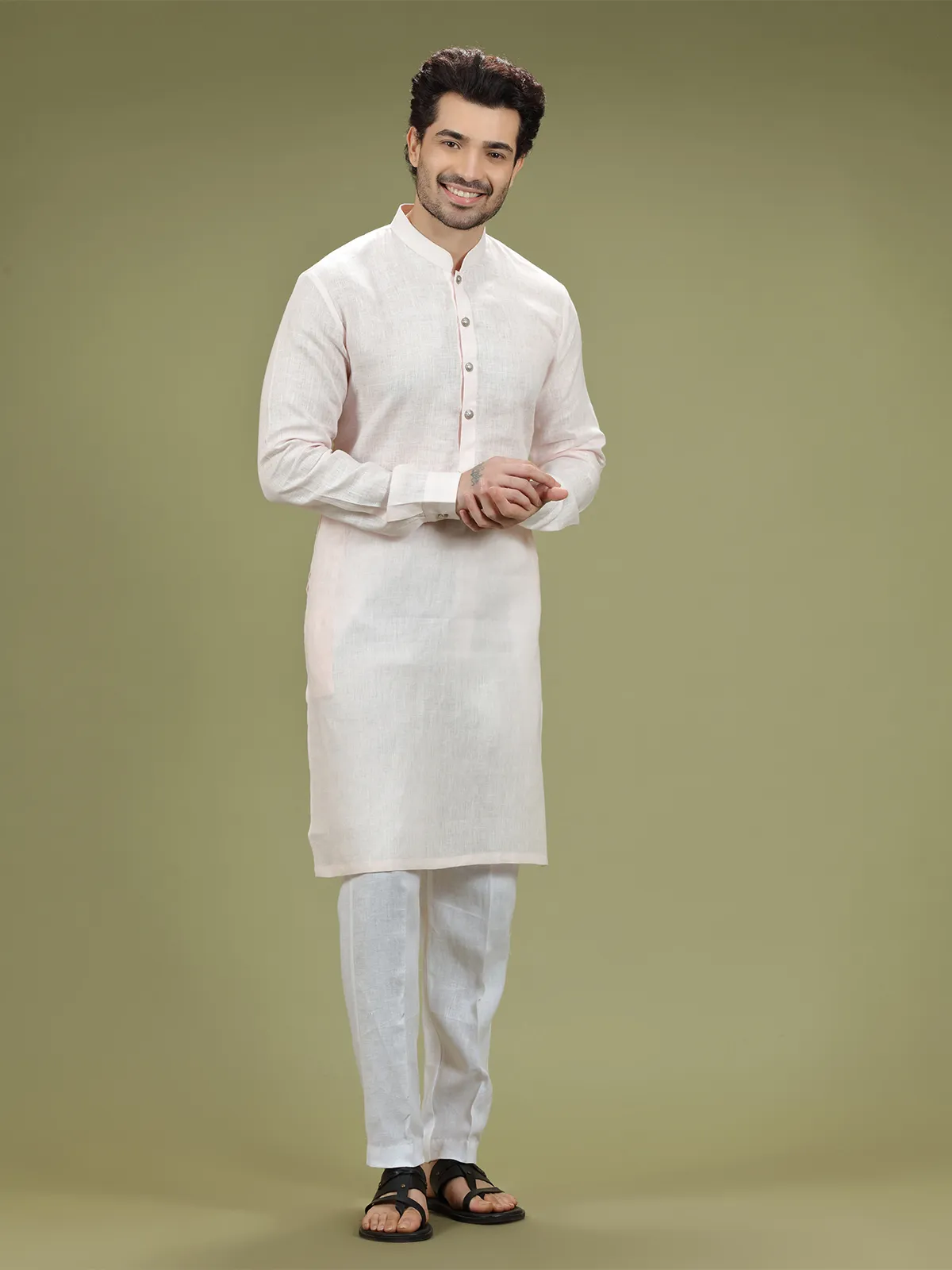 Light pink linen plain kurta suit