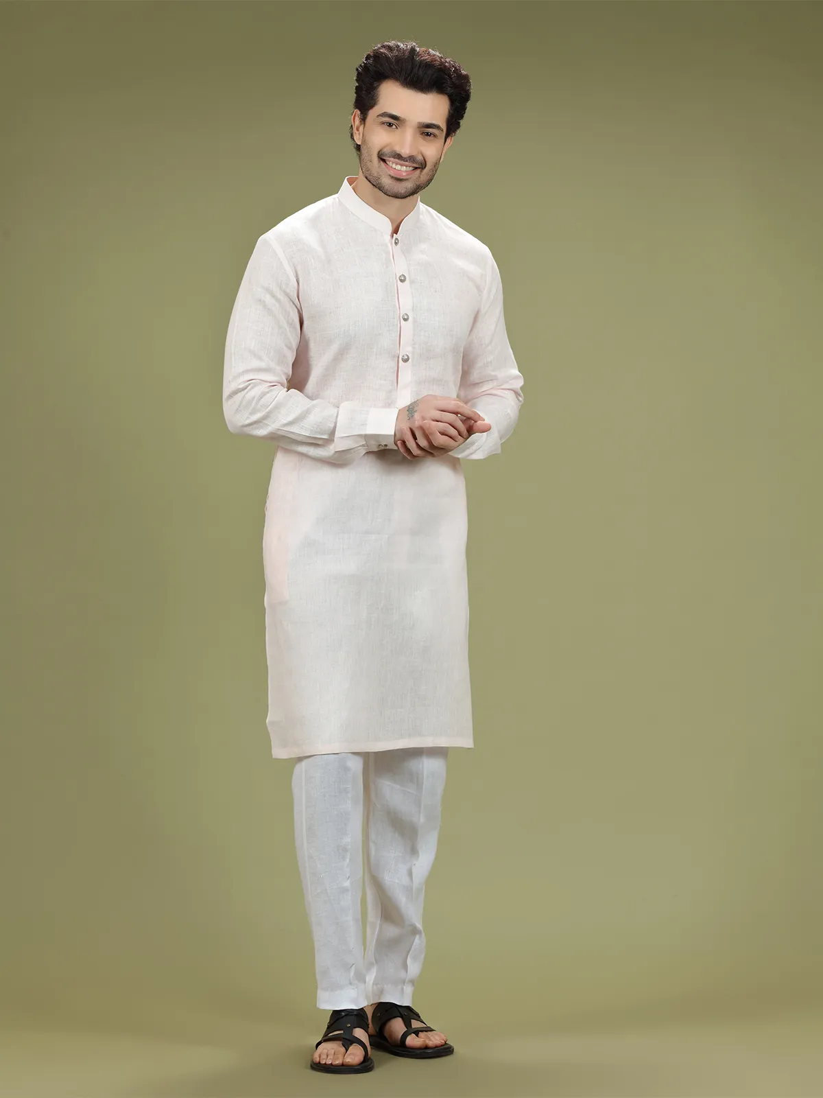 Light pink linen plain  Men Kurta pajama