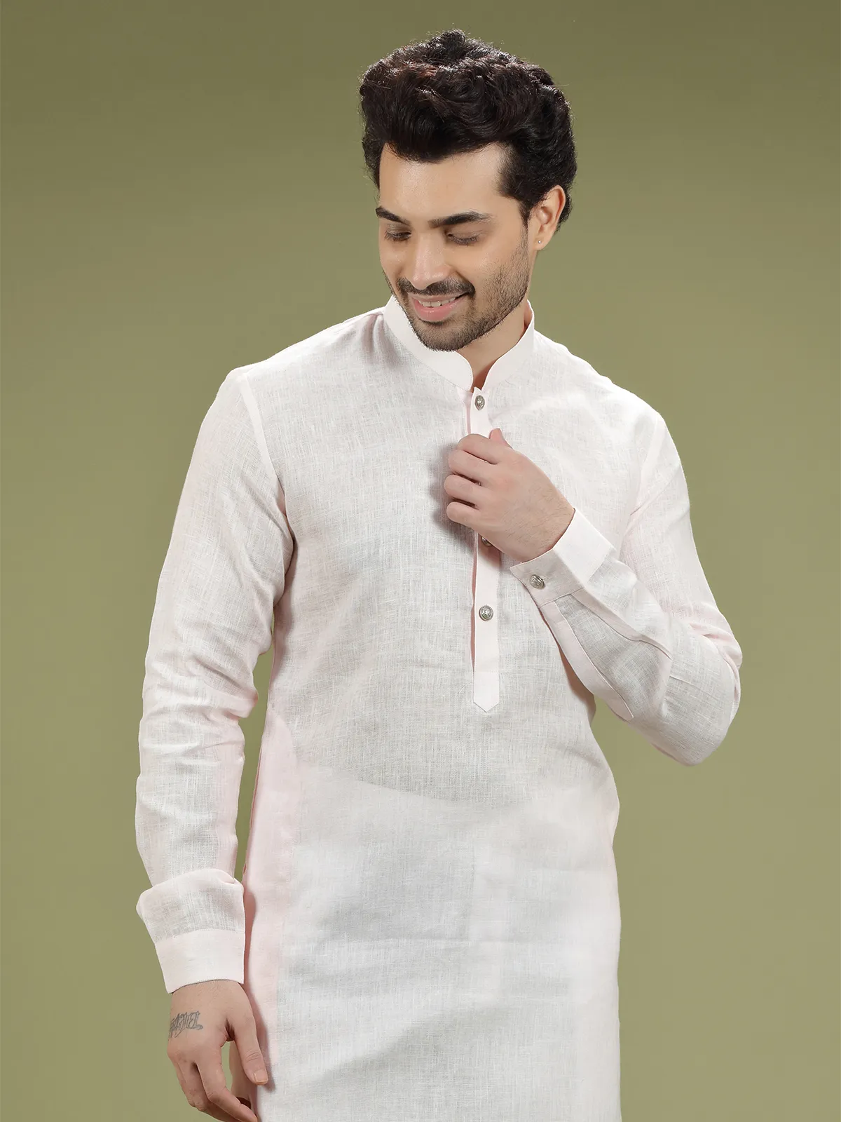 Light pink linen plain  Men Kurta pajama