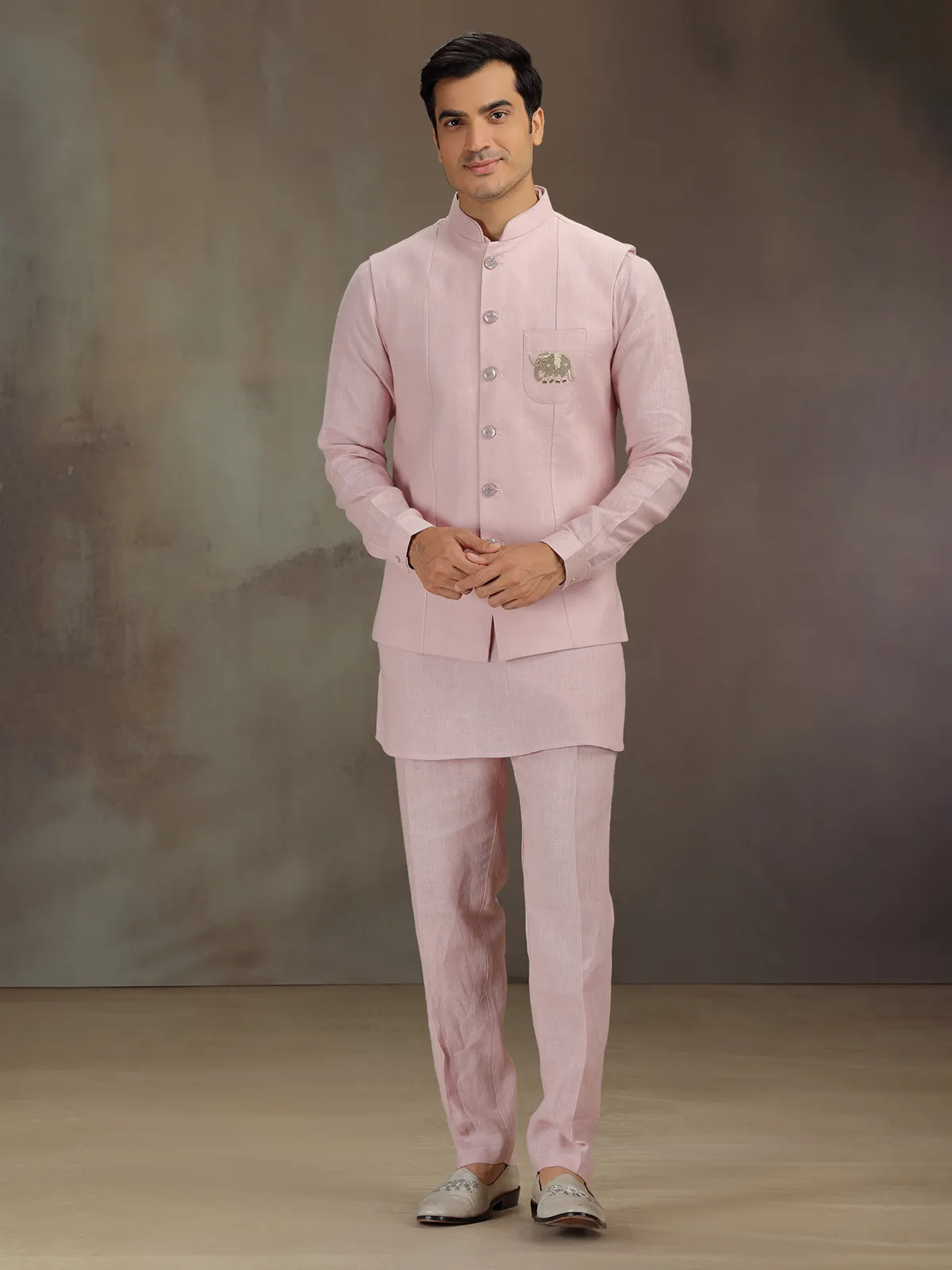 Light pink linen waistcoat set for men