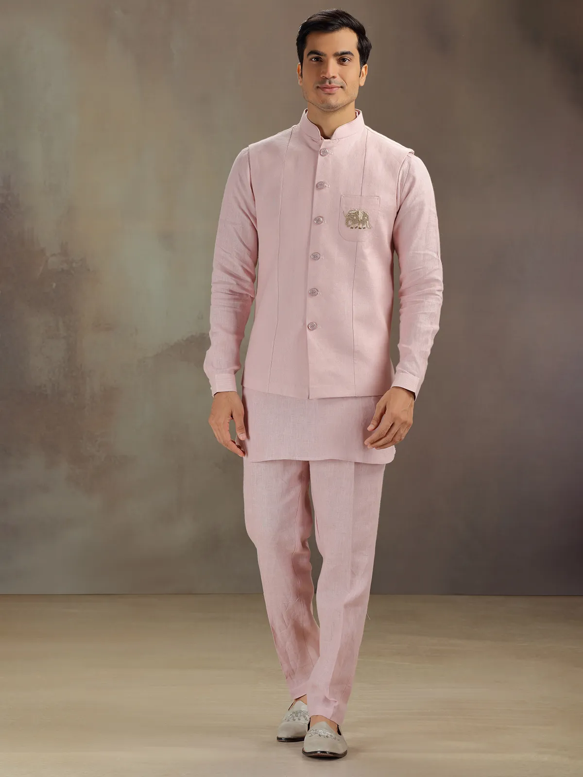 Light pink linen waistcoat set for men
