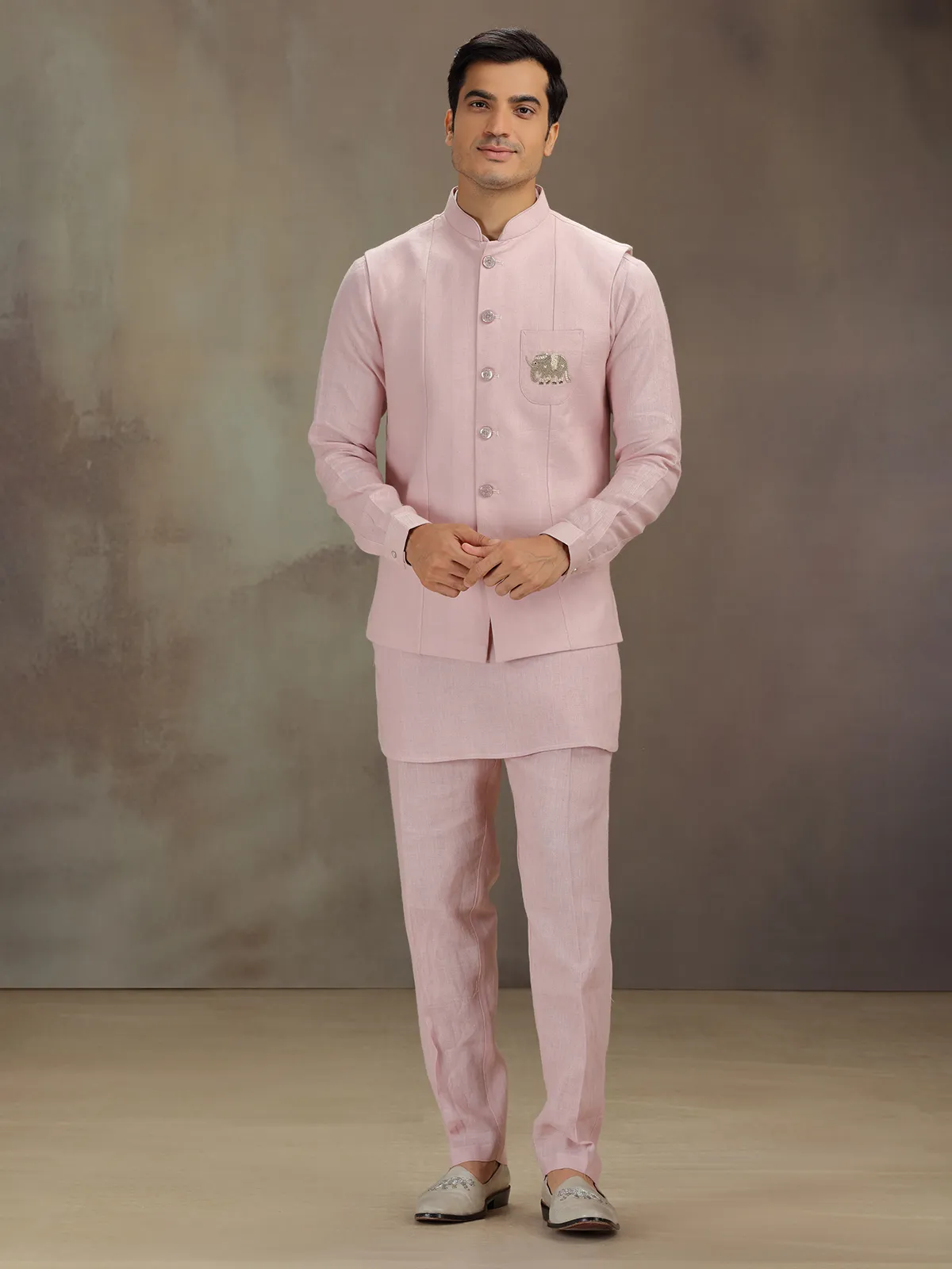 Light pink linen waistcoat set for men