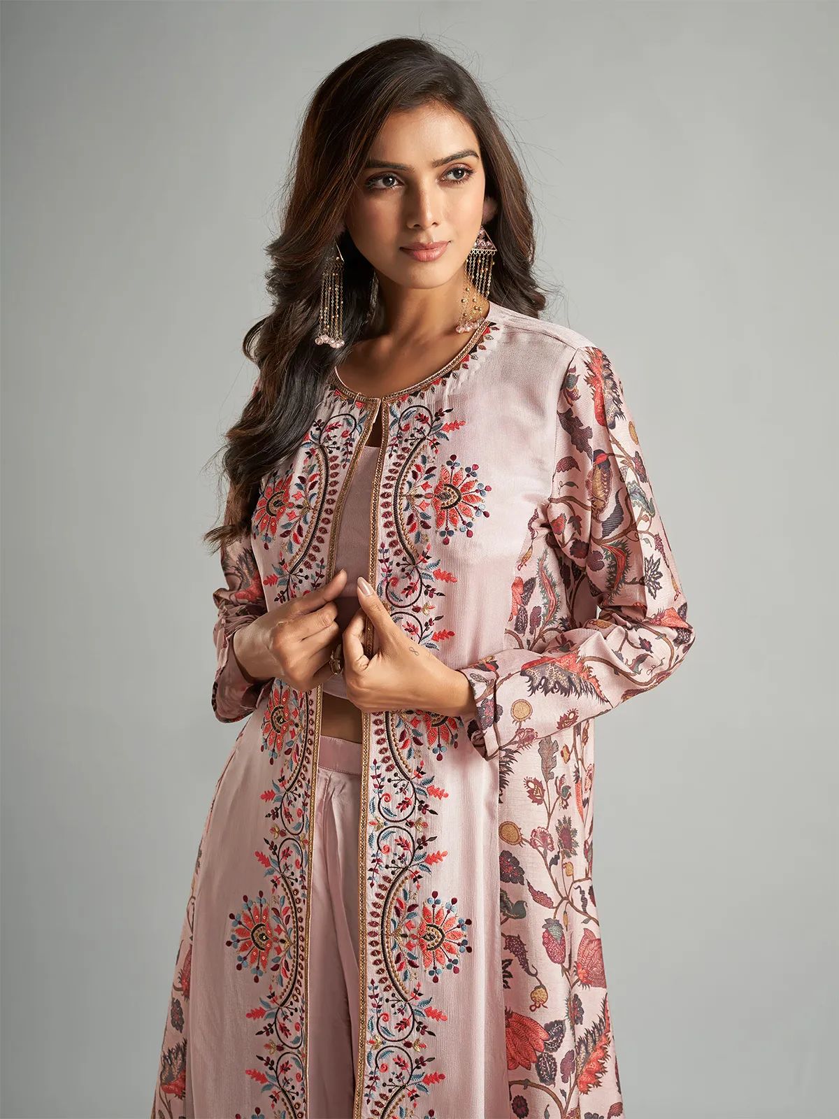 Light pink palazzo suit with long shrug