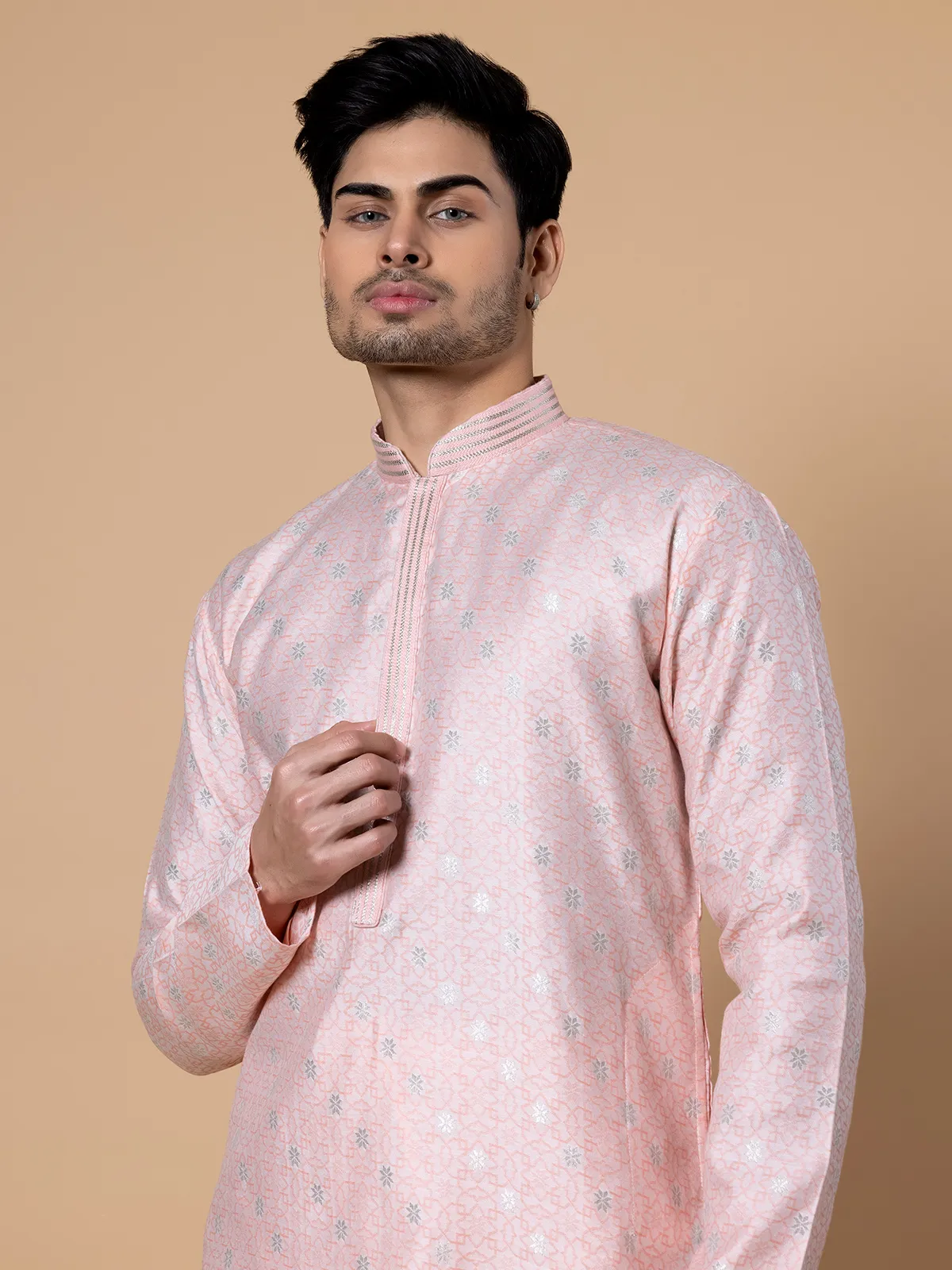 Light pink printed kurta suit in silk