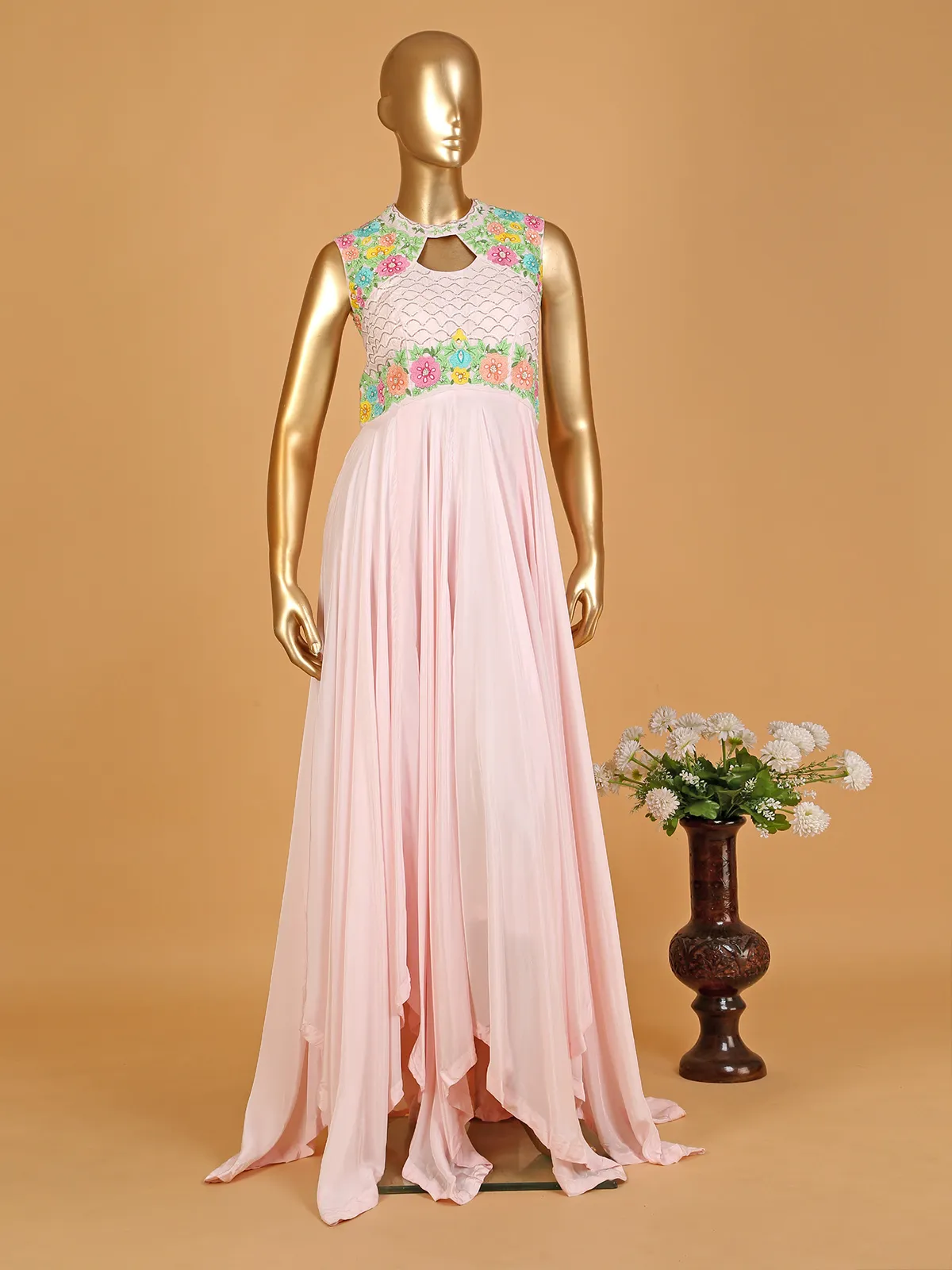 Light pink satin floor-length suit