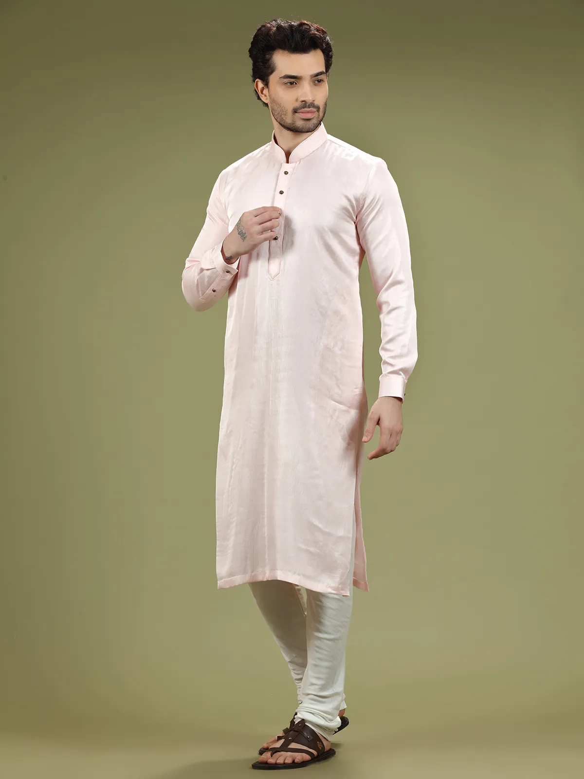 Light pink silk festive kurta suit