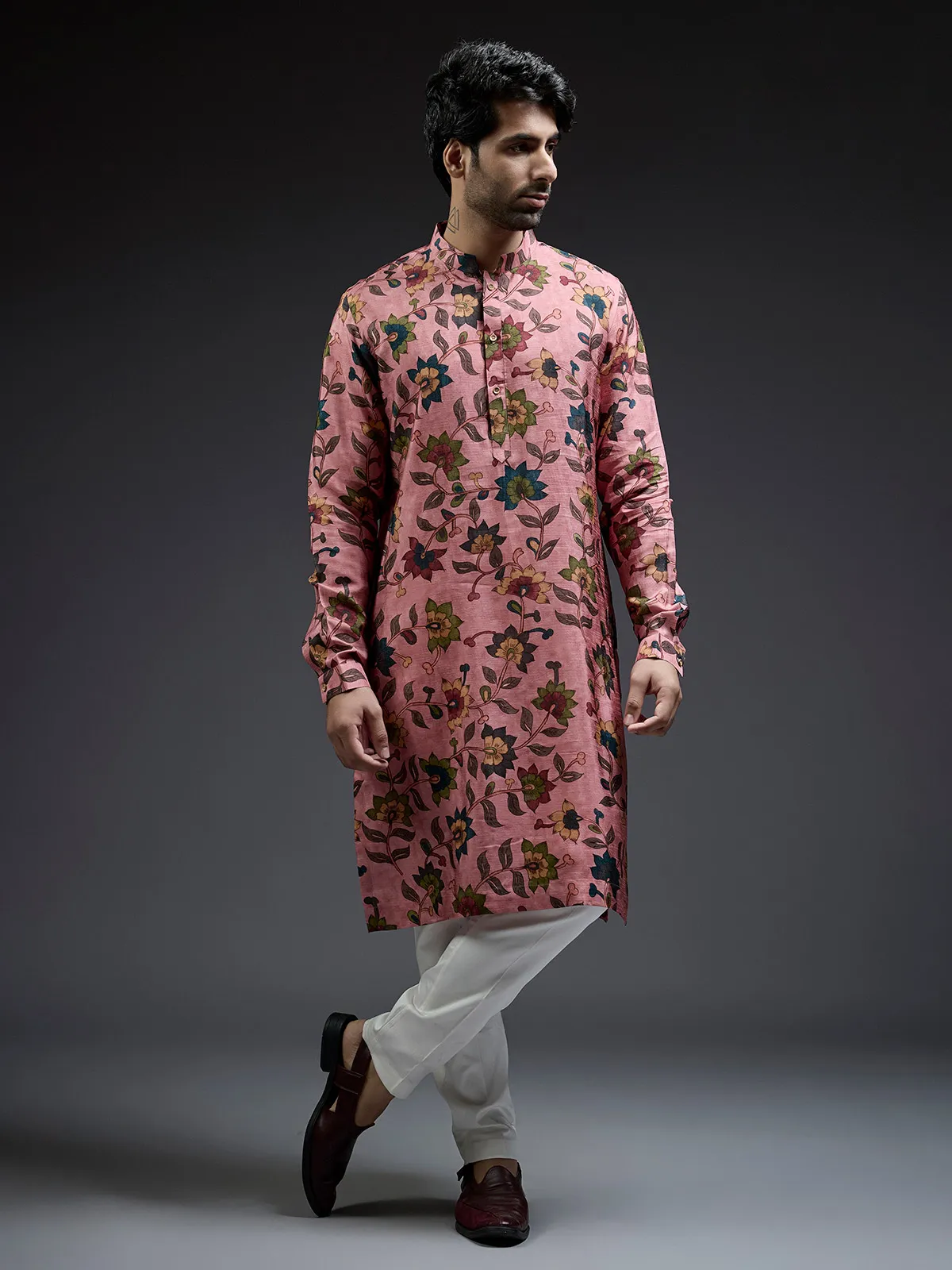 Light pink silk kurta suit in pataudi print for men