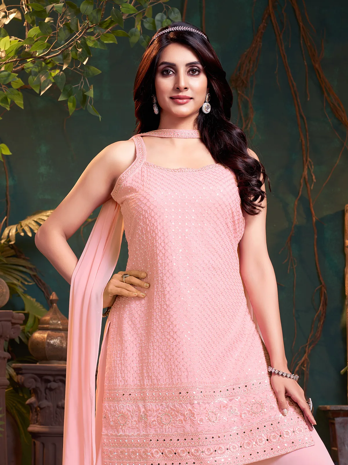 Light pink silk palazzo suit with mirror sparkle-G3-WSS45792 |...