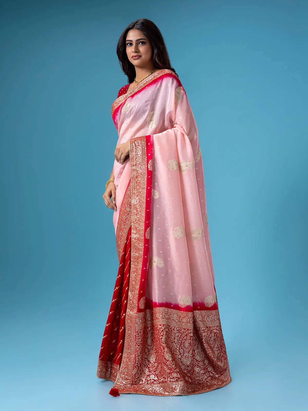 Light pink silk saree with contrast border