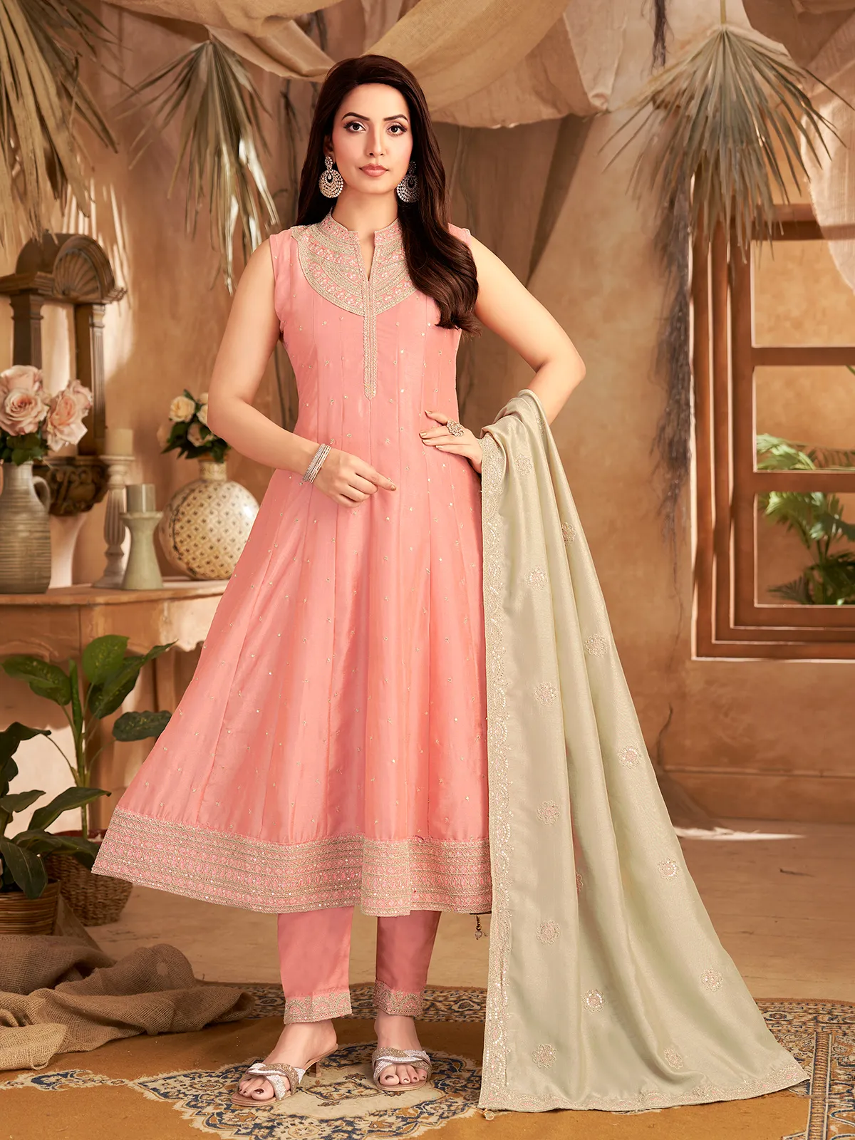 dusty pink anarkali dress Handmade Pink Anarkali Gown: Golden Lace Wedding Suit With Dupatta