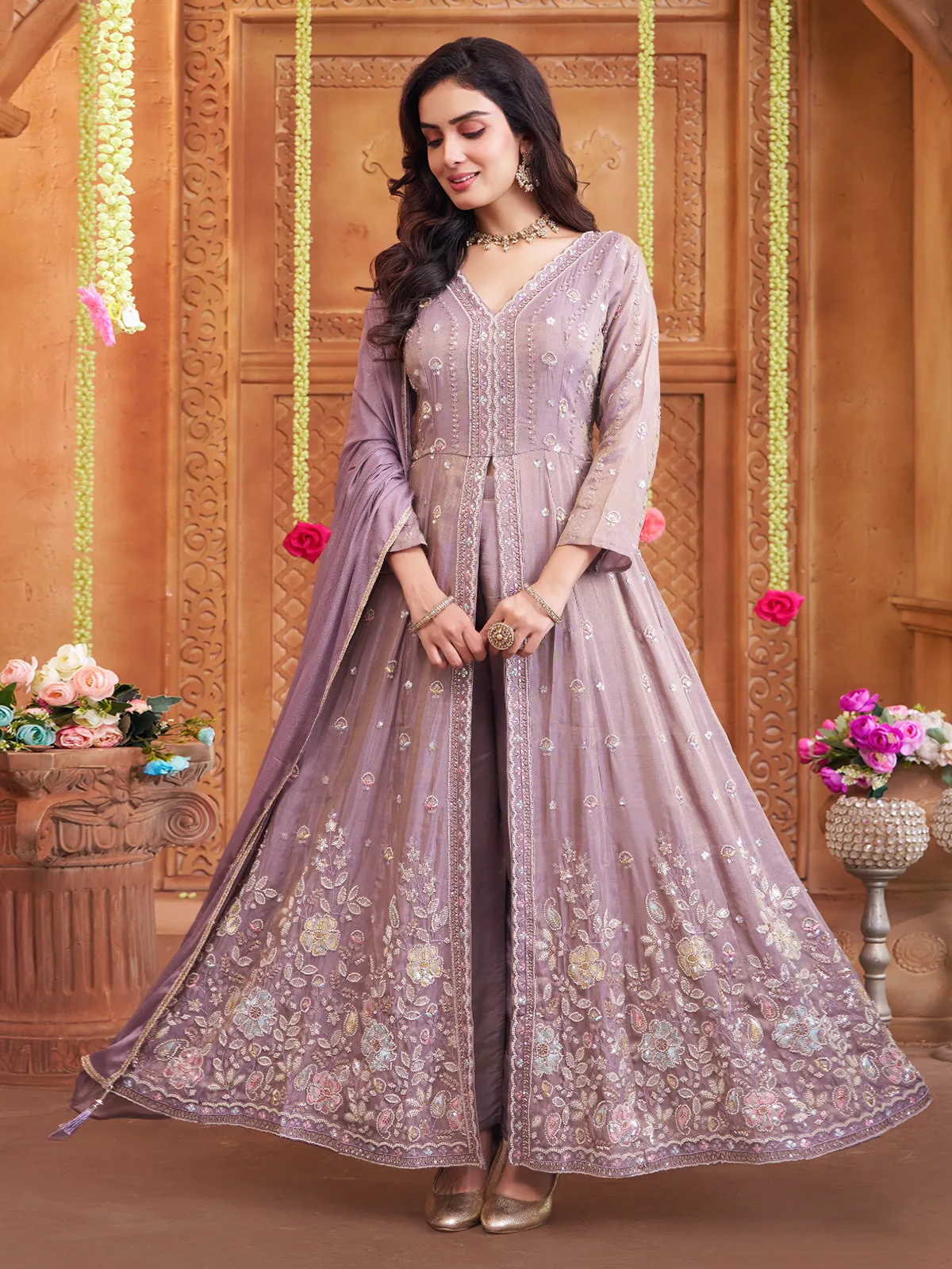 tissue silk dress for women Aditi Gupta Purple Silk Zari Tissue Anarkali And Sharara Set