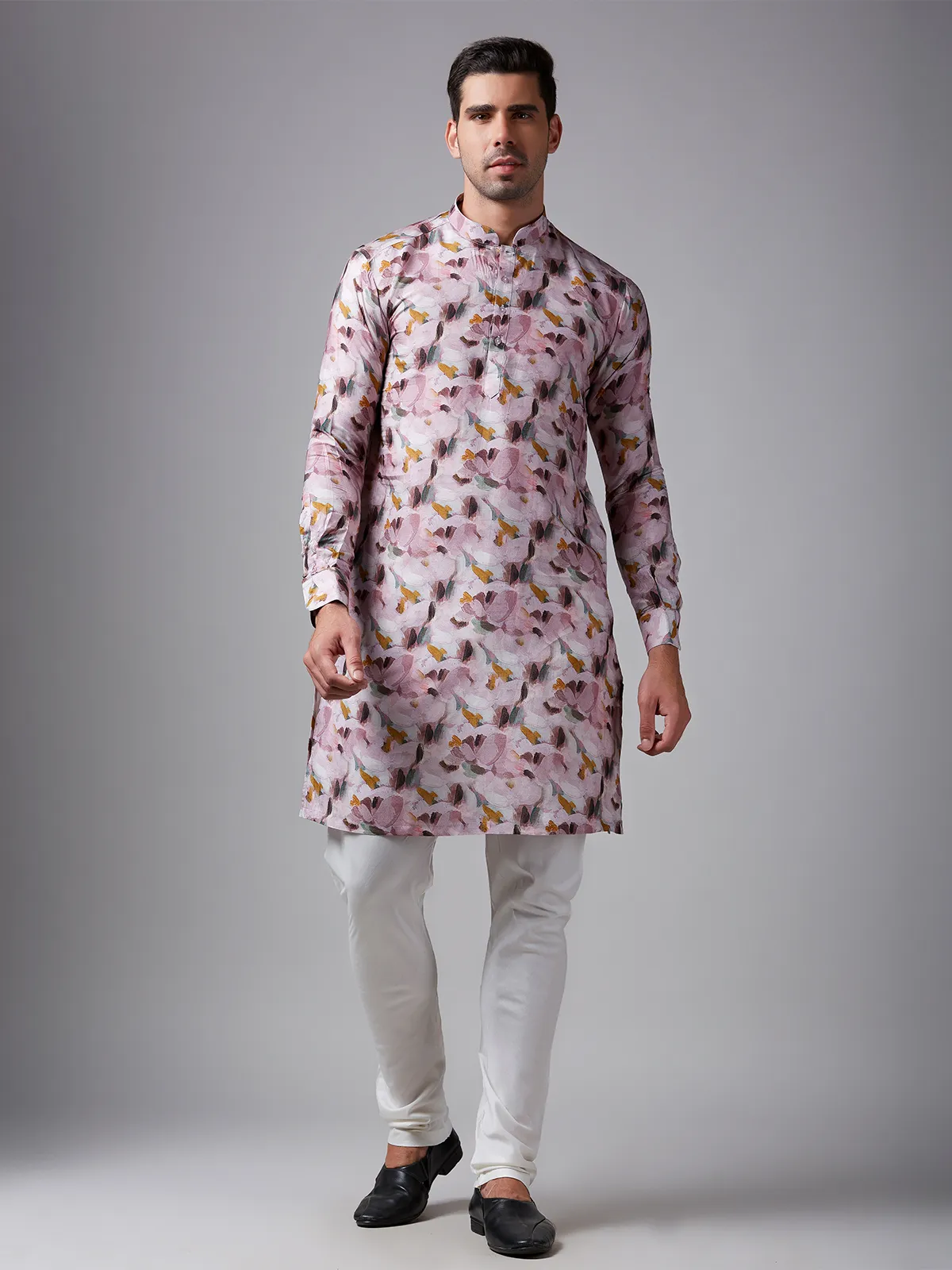 Light purple printed  Men Kurta pajama in silk