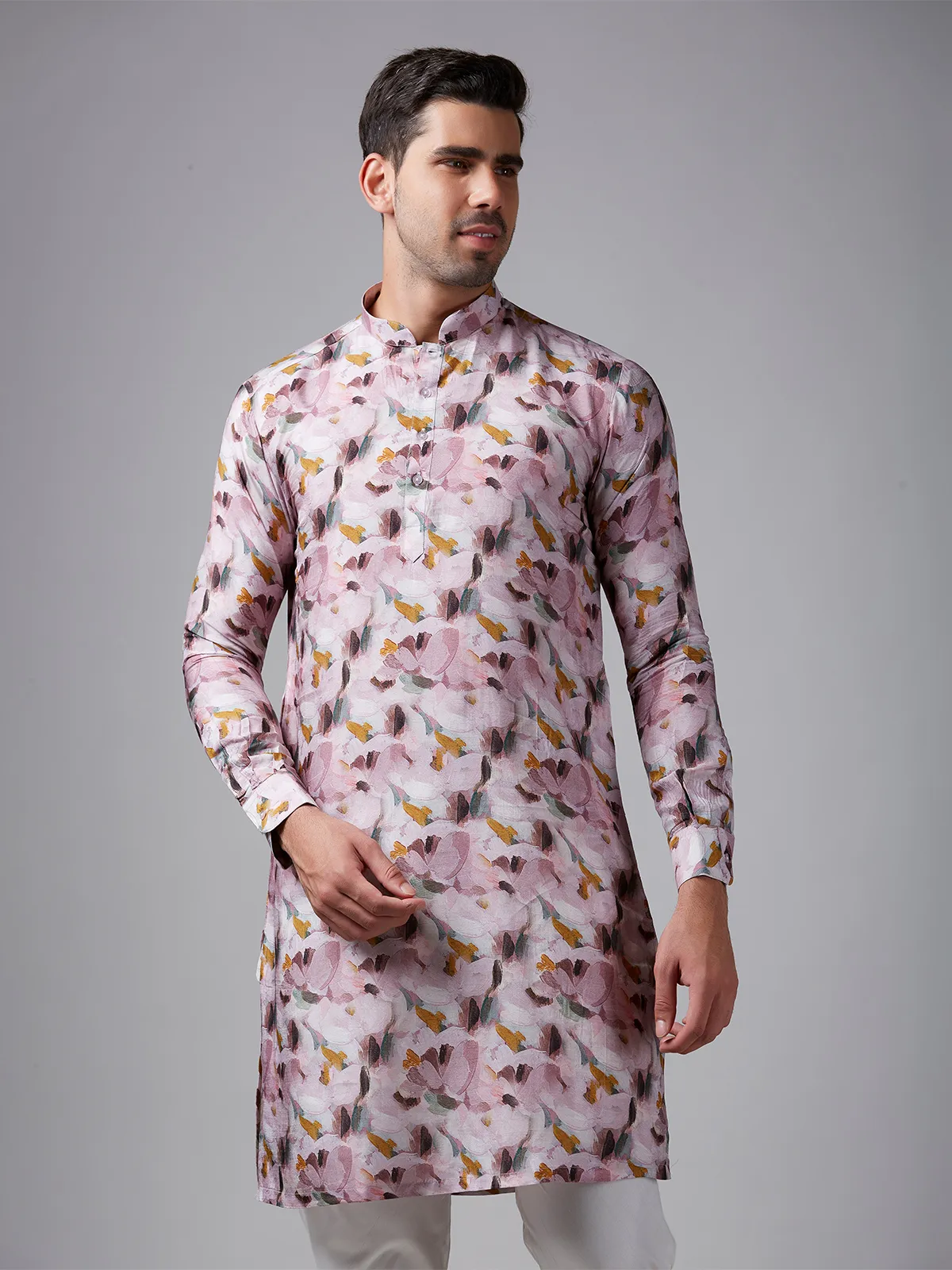 Light purple printed  Men Kurta pajama in silk