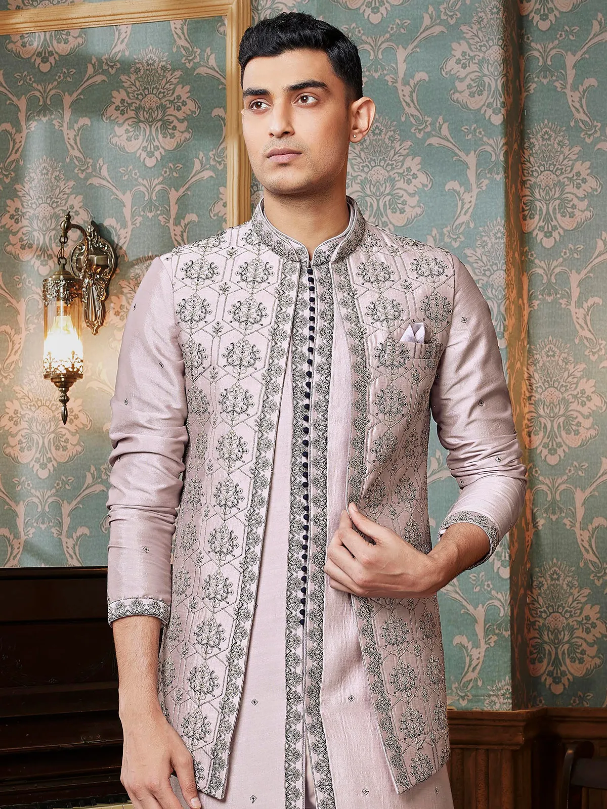 Light purple raw silk waistcoat set for men