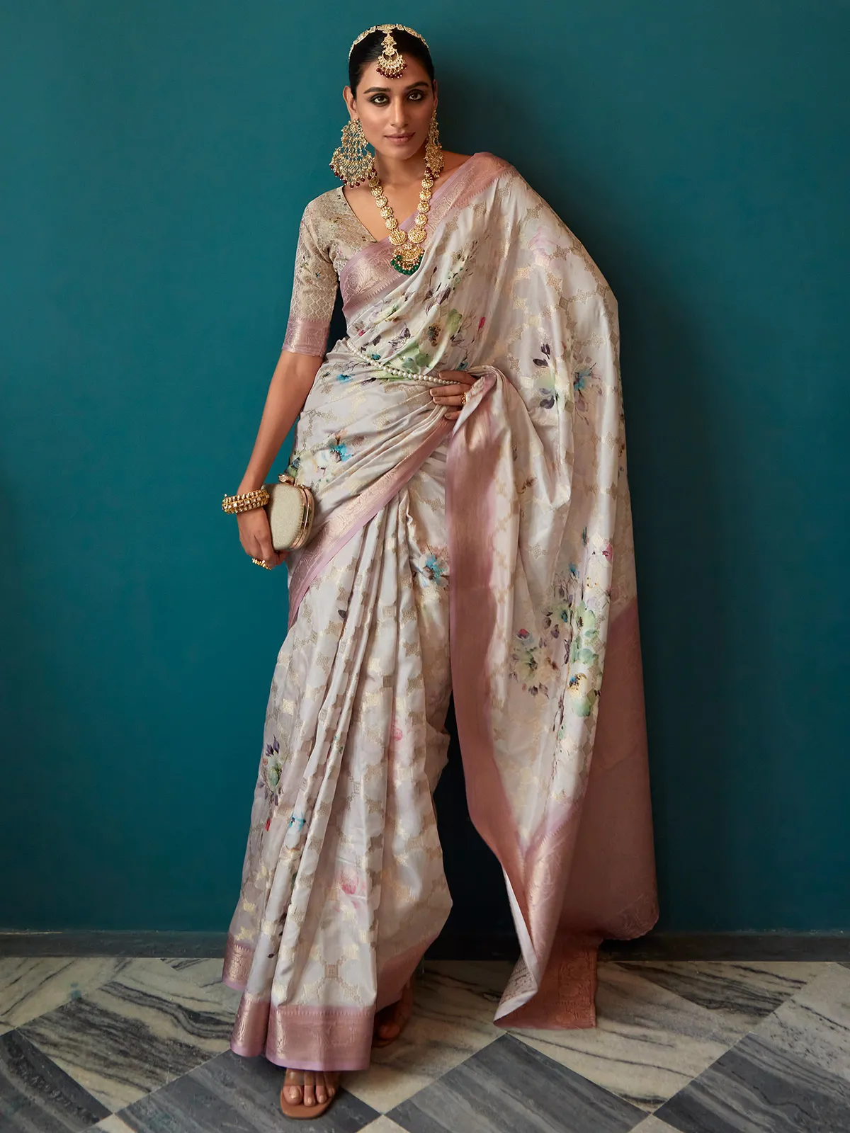 Light purple soft silk saree with print