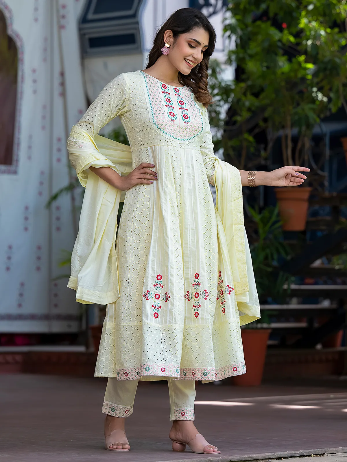 Light yellow cotton anarkali style kurti set