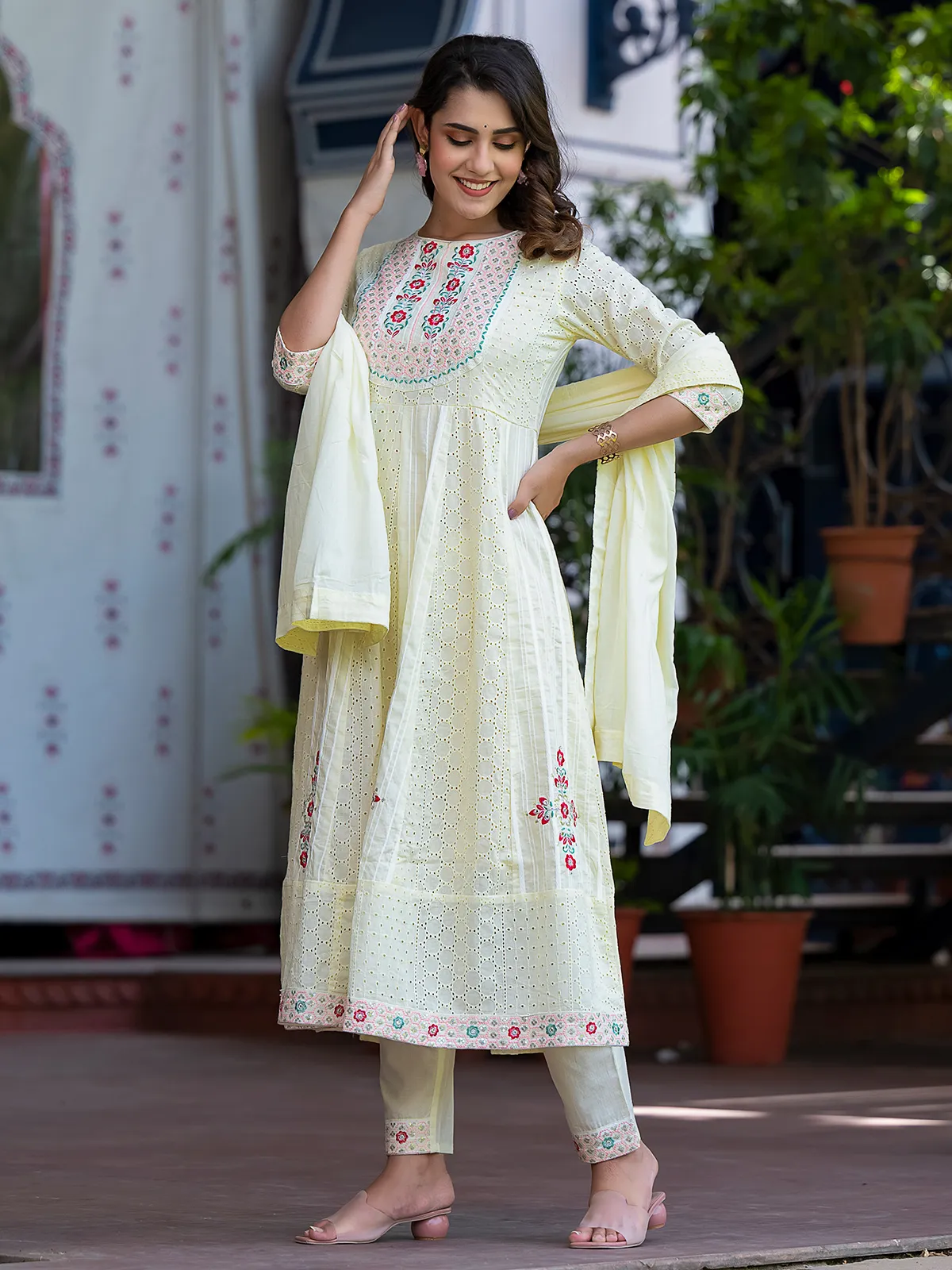 Light yellow cotton anarkali style kurti set