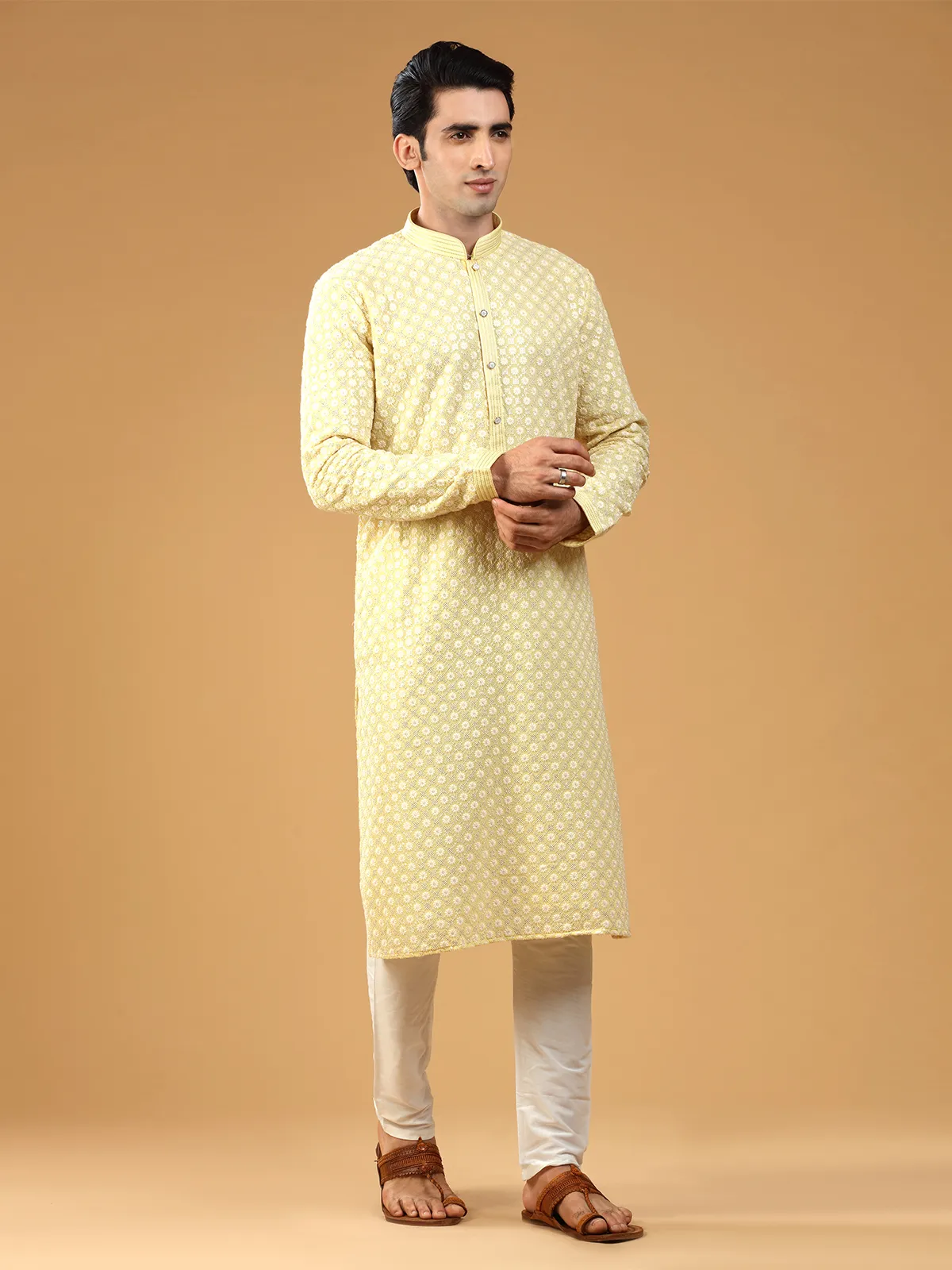 Light yellow georgette kurta suit with embroidery