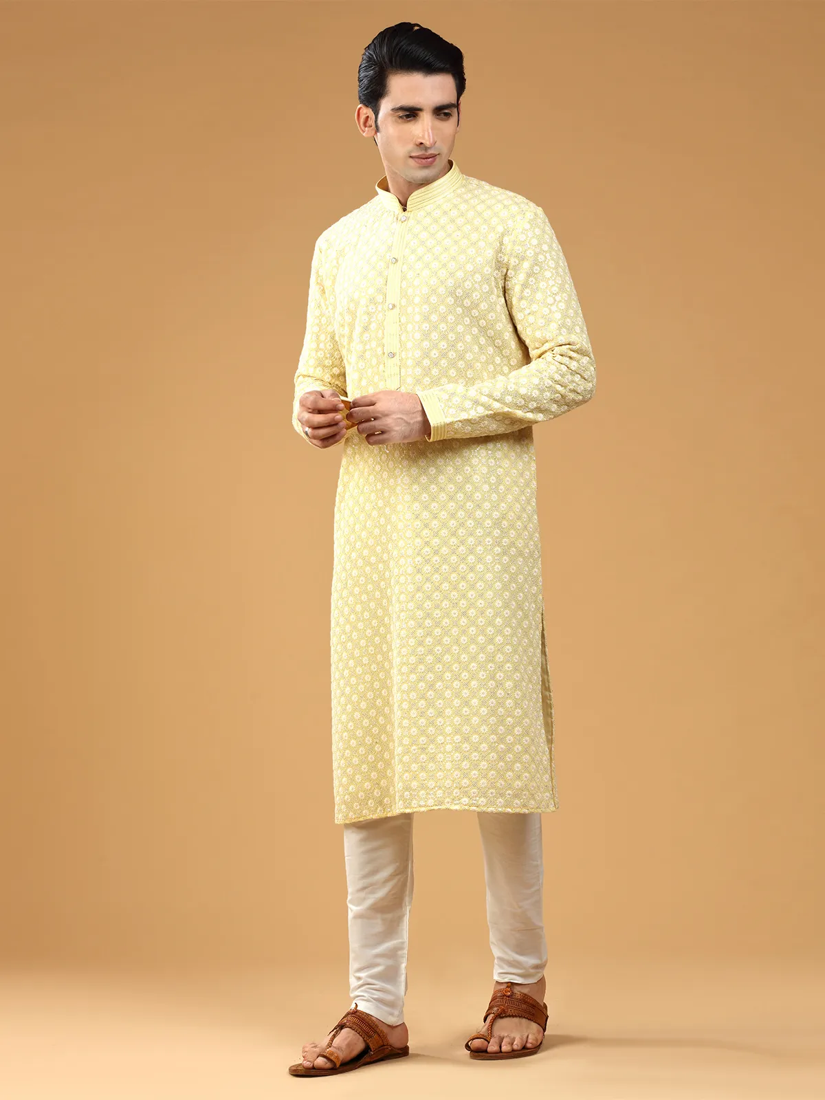 Light yellow georgette  Men Kurta pajama