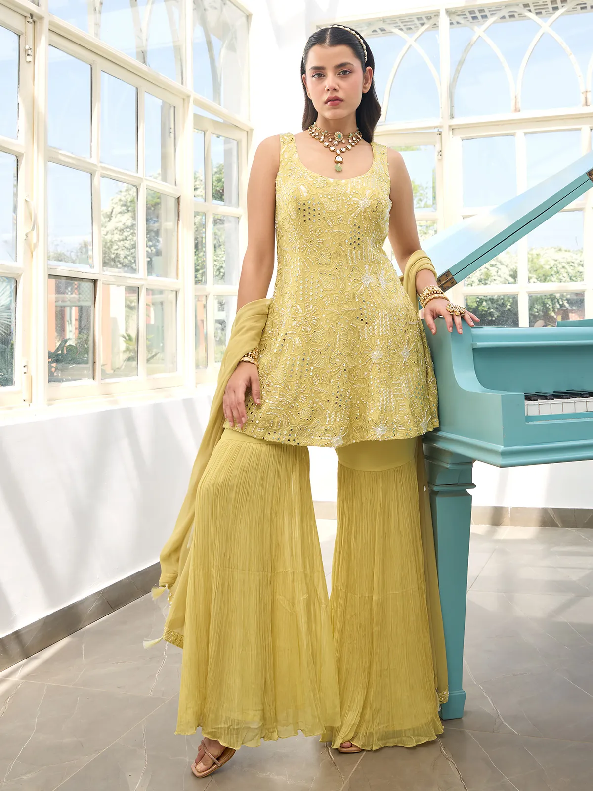 Light yellow georgette sharara suit for wedding