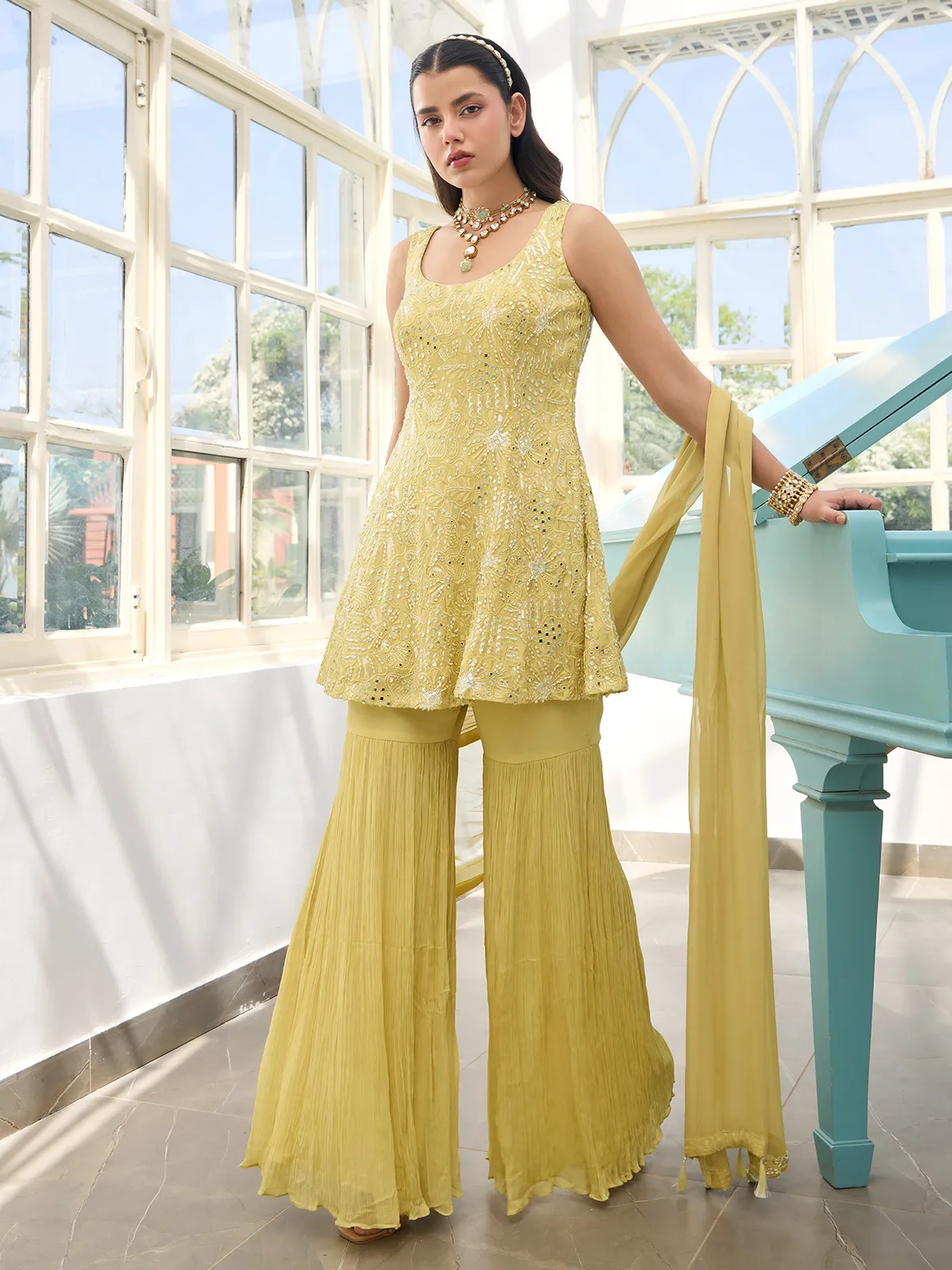 Light yellow georgette sharara suit for wedding
