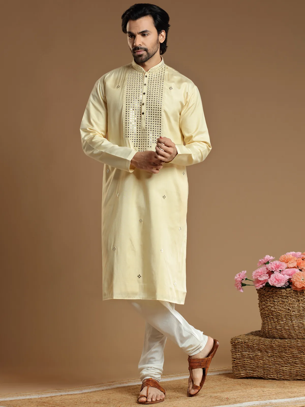 Light yellow  Men Kurta pajama in cotton silk