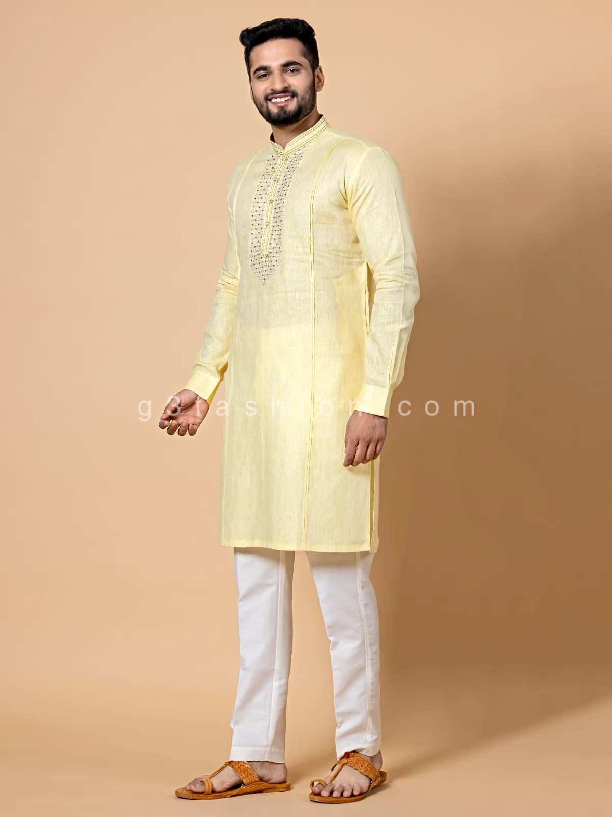 Light yellow linen kurta suit