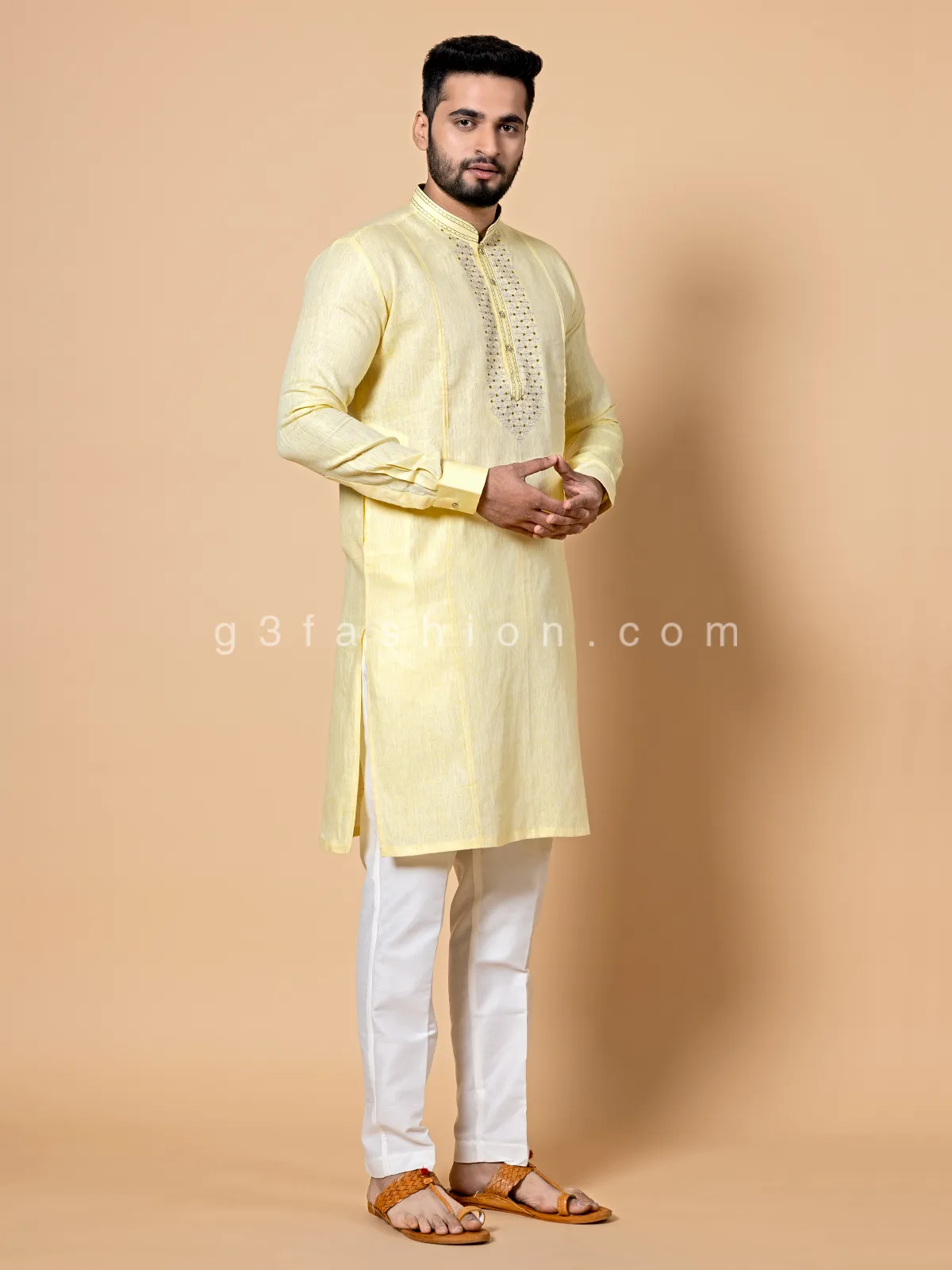 Light yellow linen kurta suit