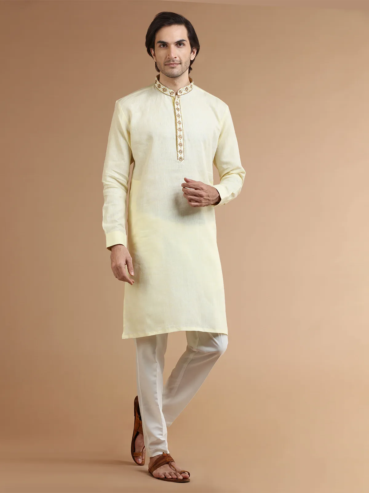 Light yellow linen plain kurta suit
