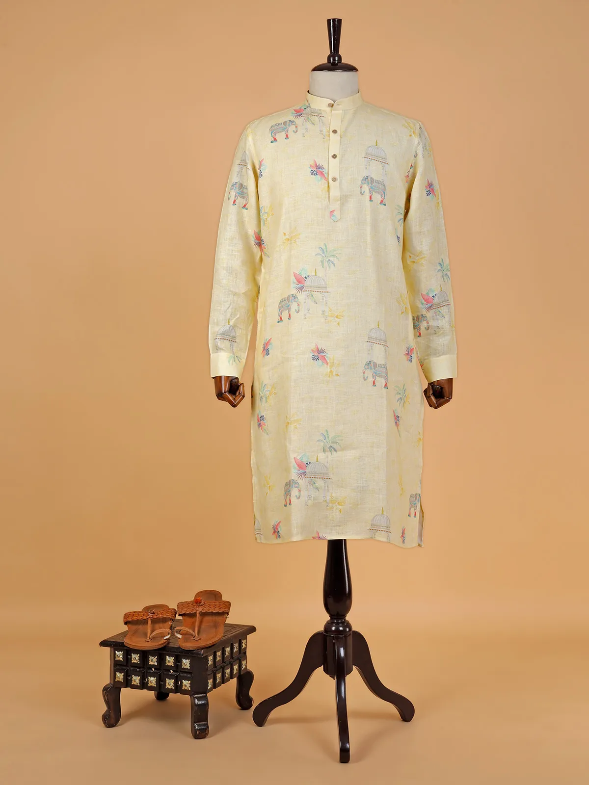 Light yellow linen printed  Men Kurta pajama