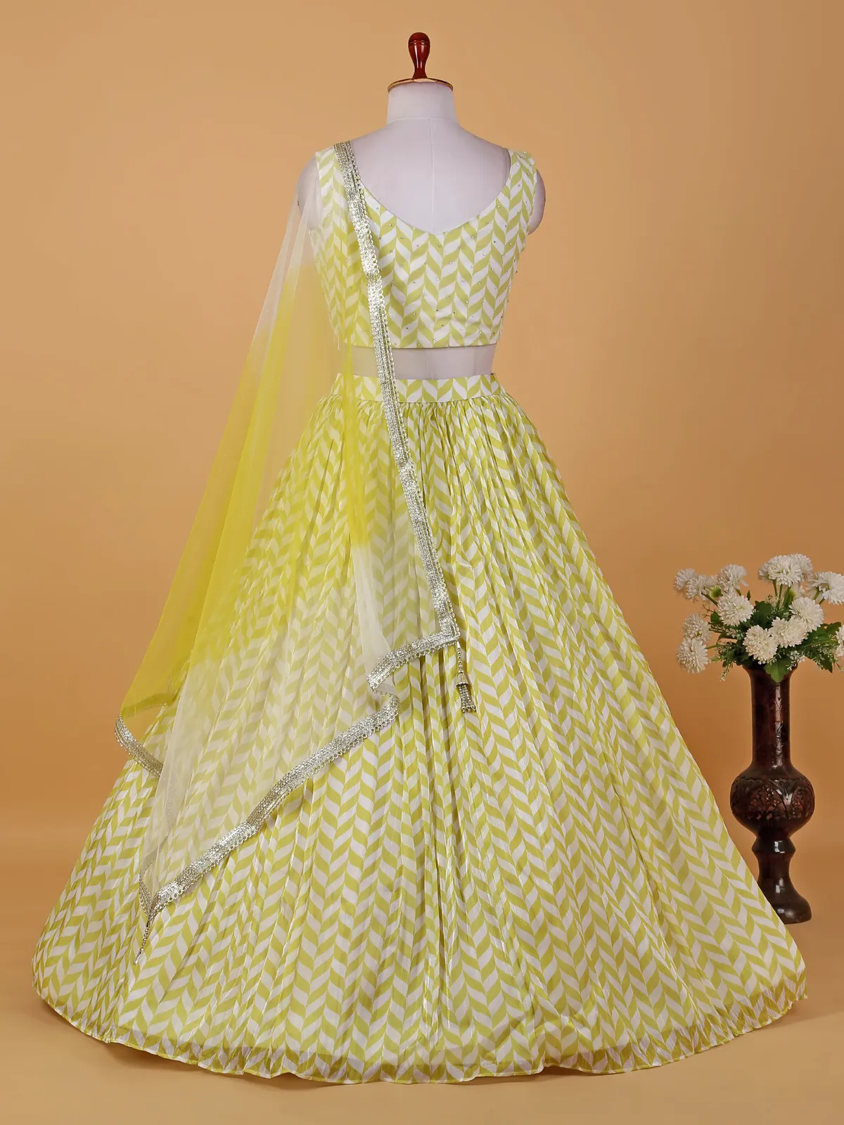 Light yellow printed soft organza lehenga choli