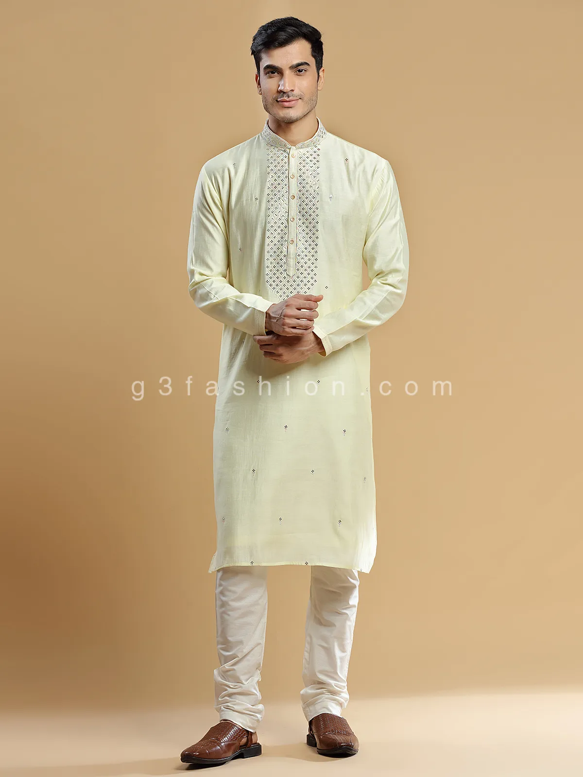 Light yellow silk festive wear kurta suit