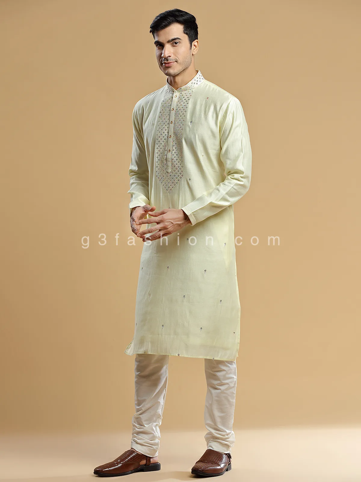 Light yellow silk festive wear  Men Kurta pajama