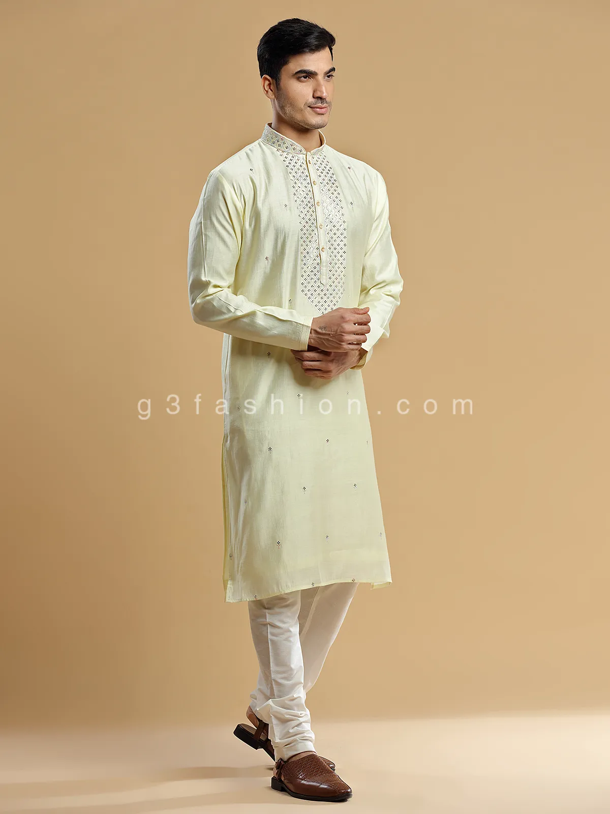 Light yellow silk festive wear  Men Kurta pajama