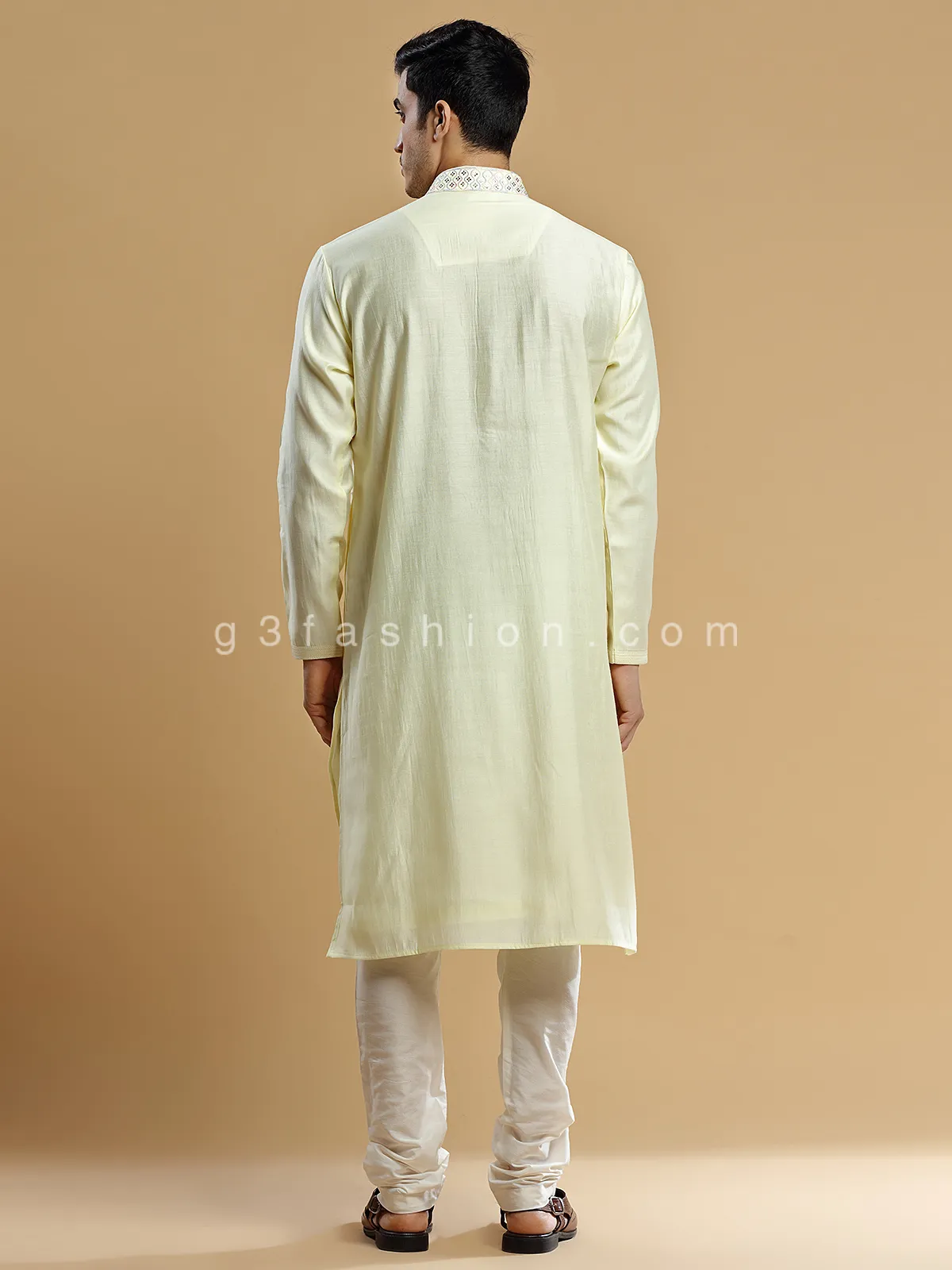 Light yellow silk festive wear kurta suit