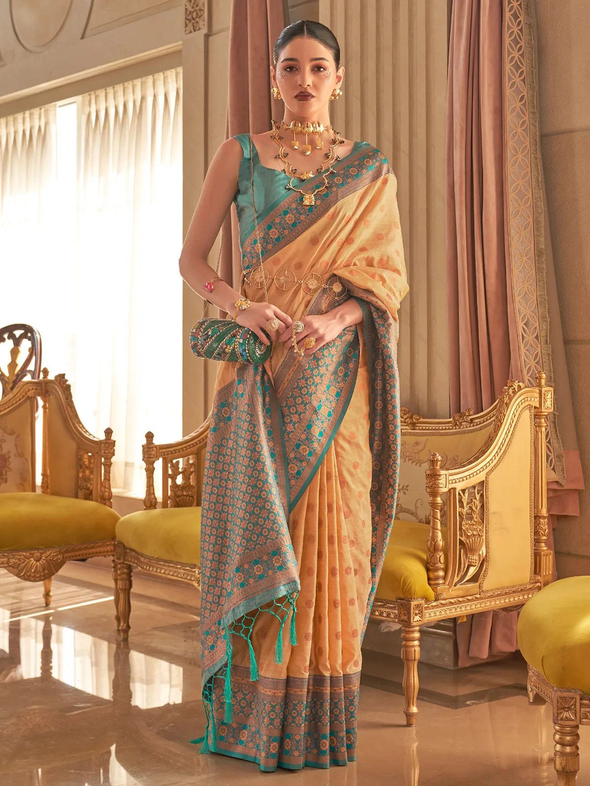 Light yellow silk saree with contrast border