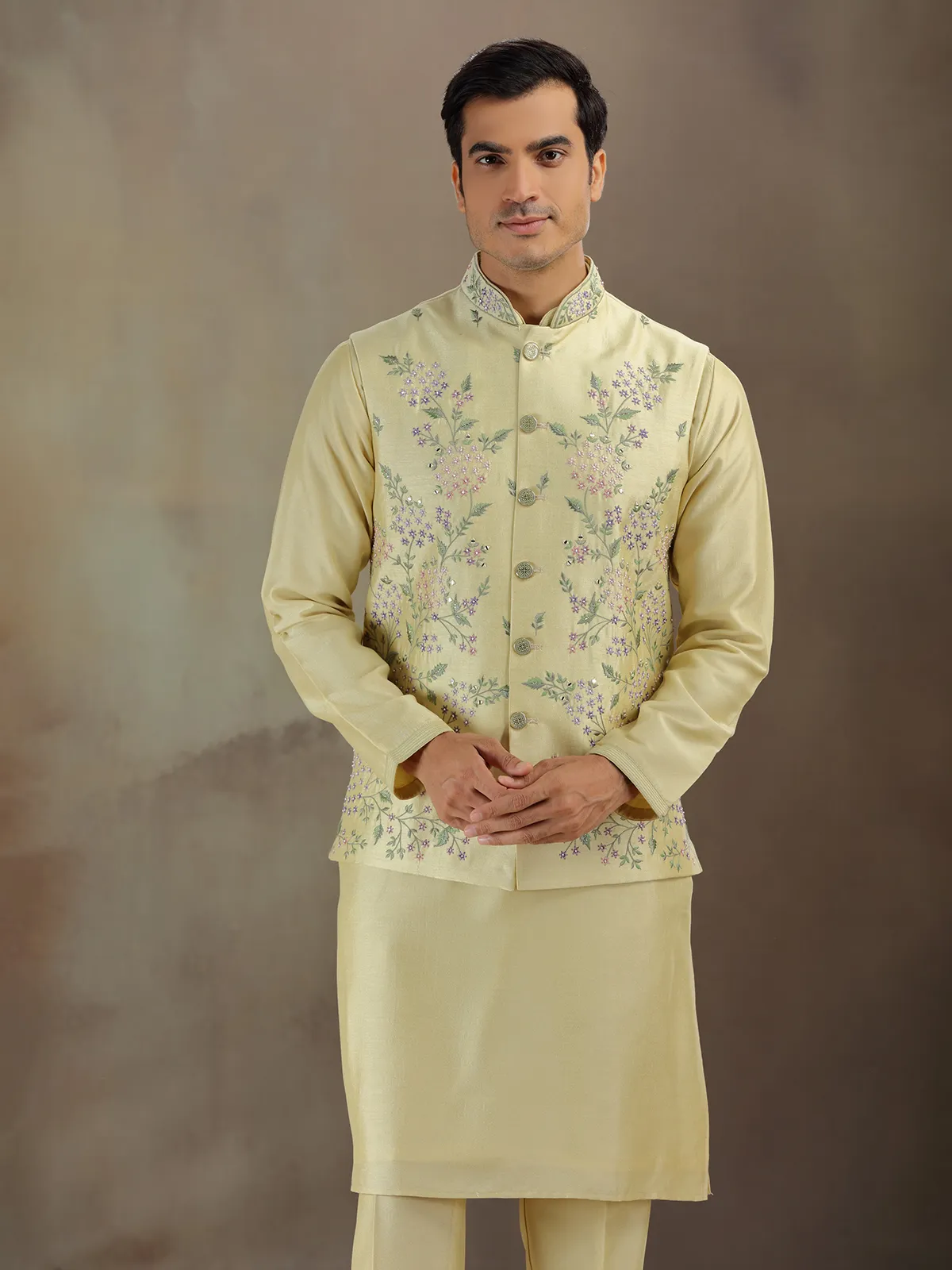 Light yellow silk waistcoat set for men