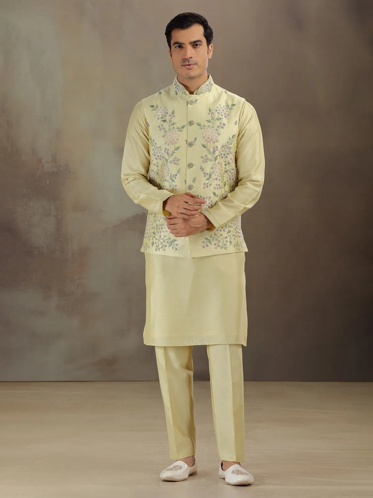 Light yellow silk waistcoat set for men