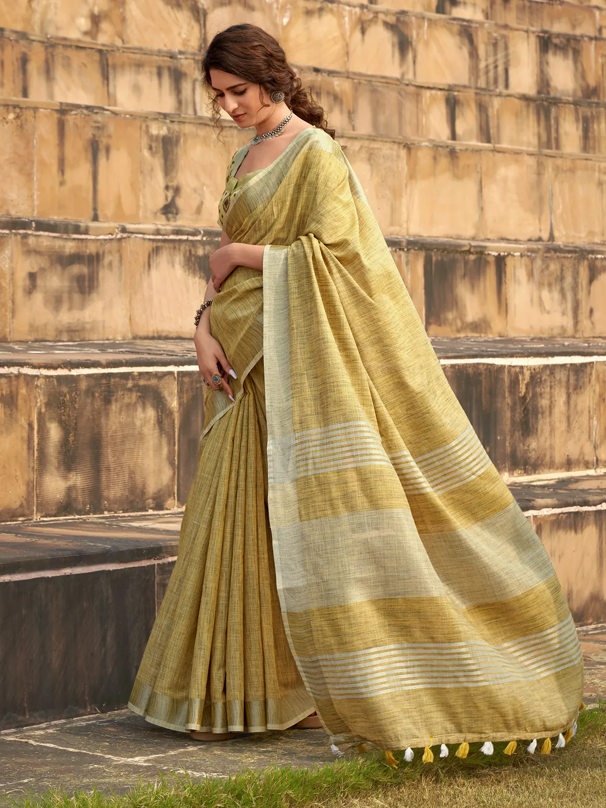 Light yellow soft linen silk saree