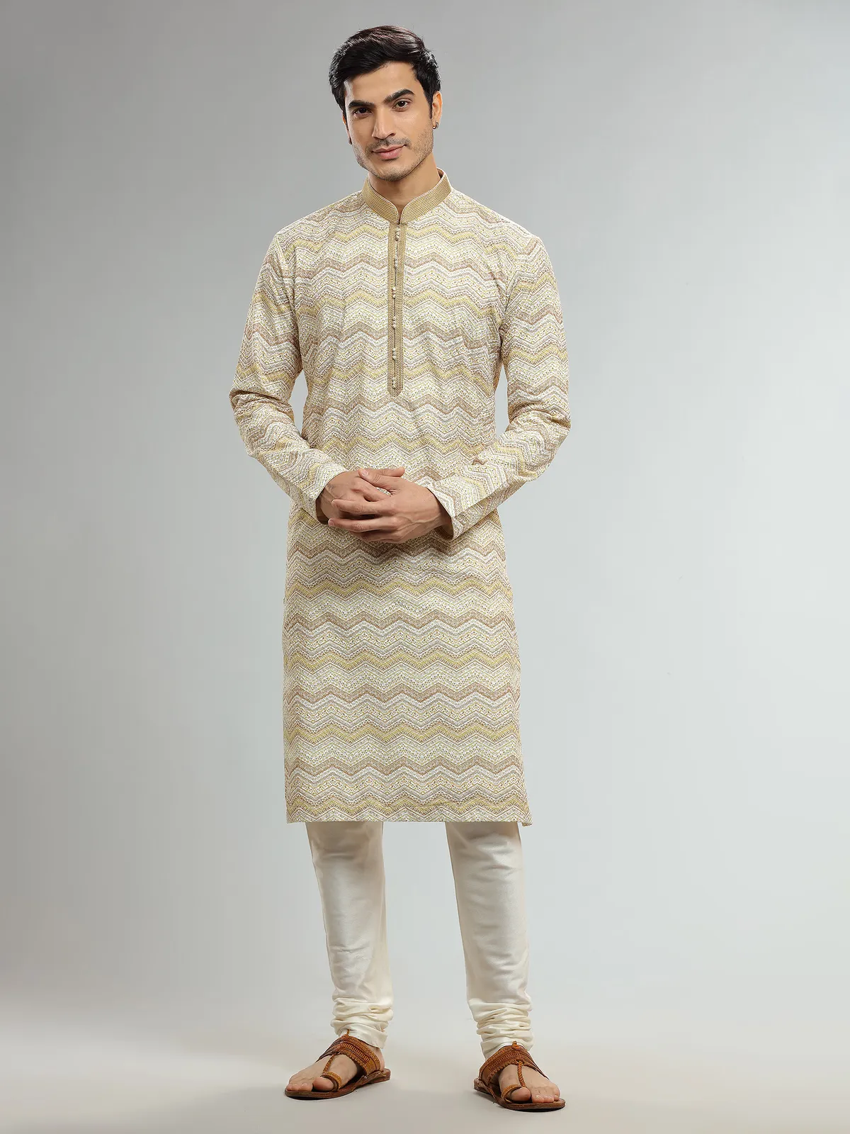 Light yellow zig zag silk  Men Kurta pajama