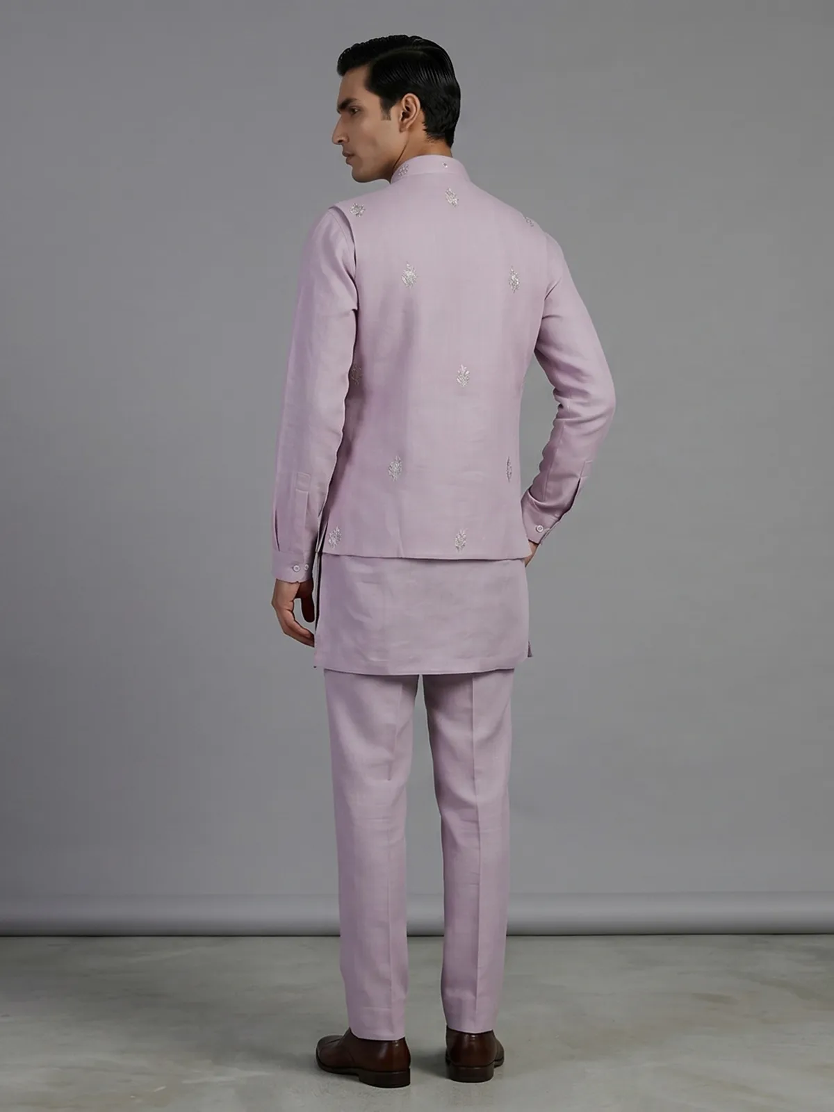 Lilac cotton linen waistcoat set with embroidery