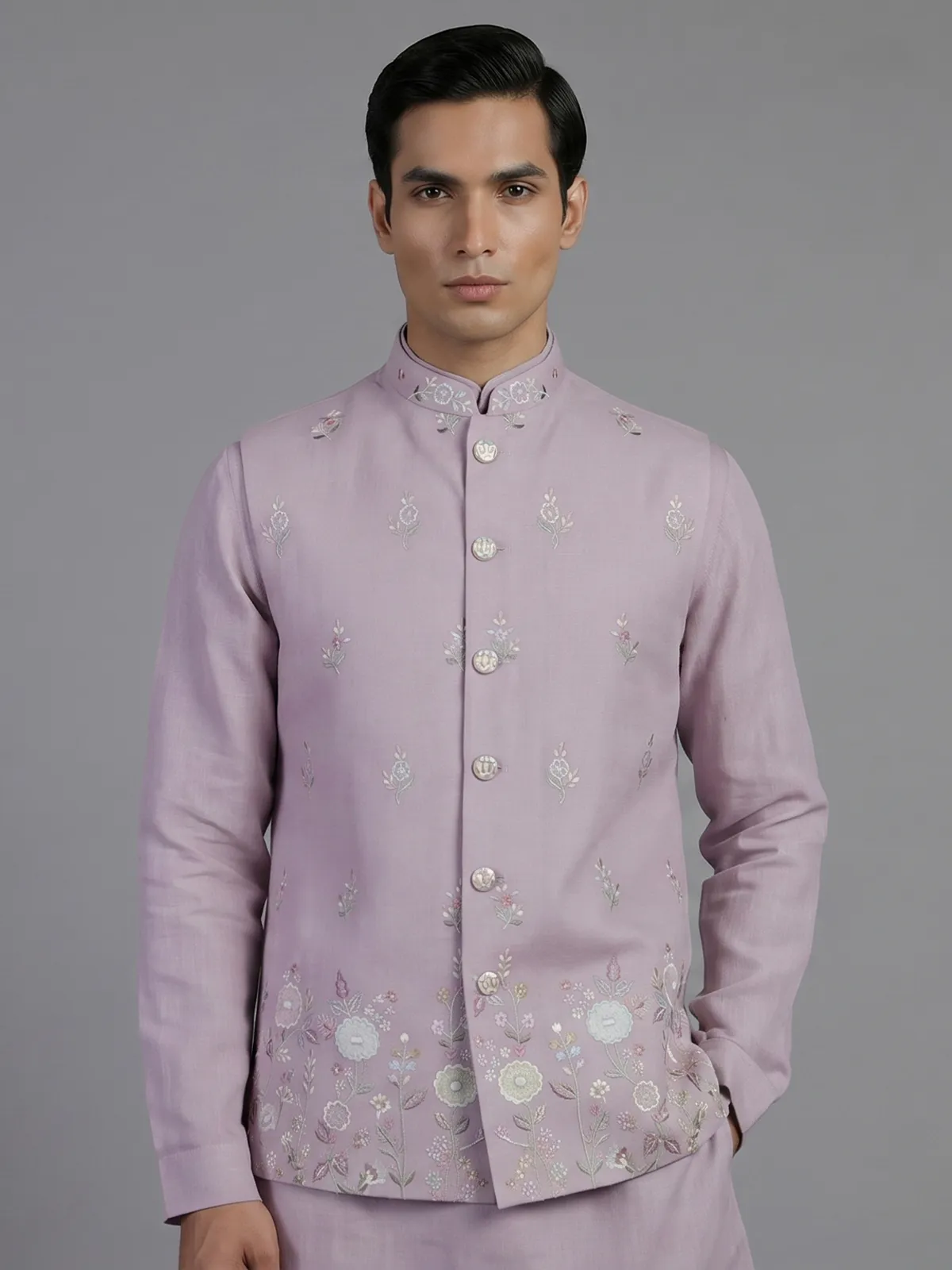 Lilac cotton linen waistcoat set with embroidery