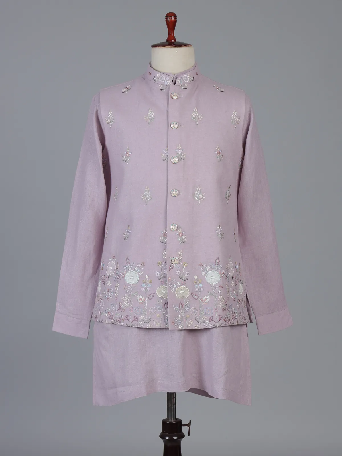 Lilac cotton linen waistcoat set with embroidery
